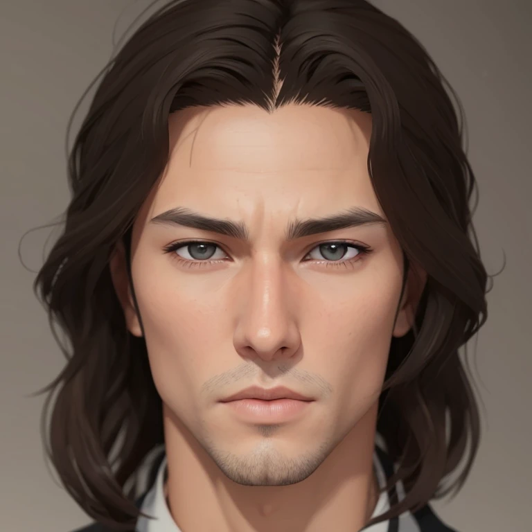   There is a man    ( mature and anorexic )    26 years old ,    with long hair and white suit         , asistente hiper        realistic        , sujeto hiper        realistic        , Chico anime      realistic        ,        anime style realism        , estilo de arte anime        realistic        , estilo de arte de anime        realistic        , Estilo anime 3D        realistic        ,        portrait de una chico anime,        artwork in the style of Guweiz       ,       Detailed              portrait de una chico anime, increíble        portrait de rostro de anime . model,       of Asian origin  () And Spanish (),  I just saw the spectator        ,        portrait(        realistic        :1.4), (:1.0), Gris eyes ,        squinting eyes      (perfecta, Serious) ,      eyes (perfect,Serious),eyelash(perfecta),shirt, thin eyebrows(Perfect),  dyed hair (brown ),   cabello Perfect con  ,       straight hair strands       (perfect), ( secretario professional ), hairstyle type    (Hime, loose), oval and elongated face ,ELONGATED FACE,   triangular chin   , thin face,    slim build   , (      Detailed      , ultra ,,-      Detailed      , high       Detailed      , ultra        realistic        8K CG,        perfect artwork , lyrical), wooden table , flores, Internal,            expression(carefree, Serious) ,       no earning, film, bokeh, professional, 4k,        Dynamic and very detailed lighting      , fotor        realistic        , 8K, raw, rico,      intricate details   , without mustache