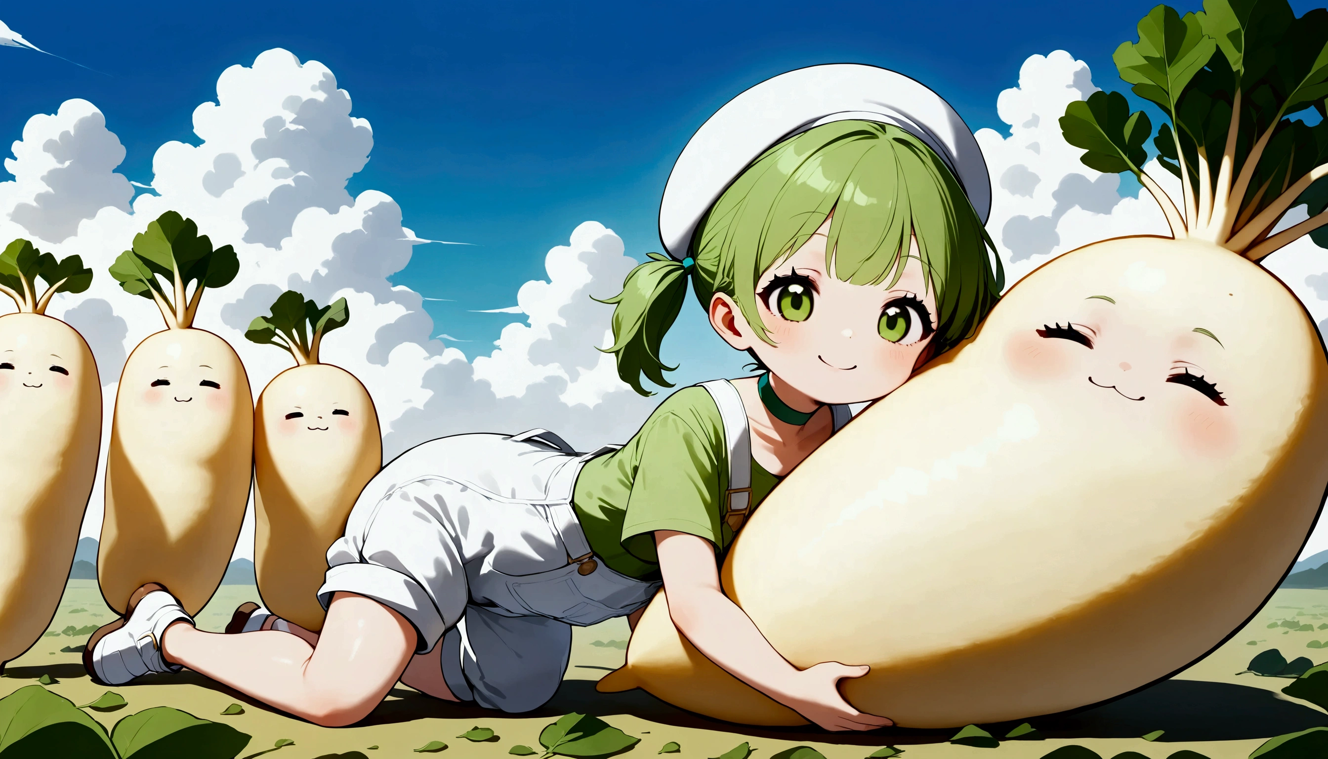 DKG ,  cute girl,  little character, (( daikon leaves growing))White Beret,  short green twin tails .  :1.2, Green T-shirt,  white overalls , Green choker, Cross a giant daikon and lie face down:1.6, smile, Beautiful blue sky,  daikon field background .