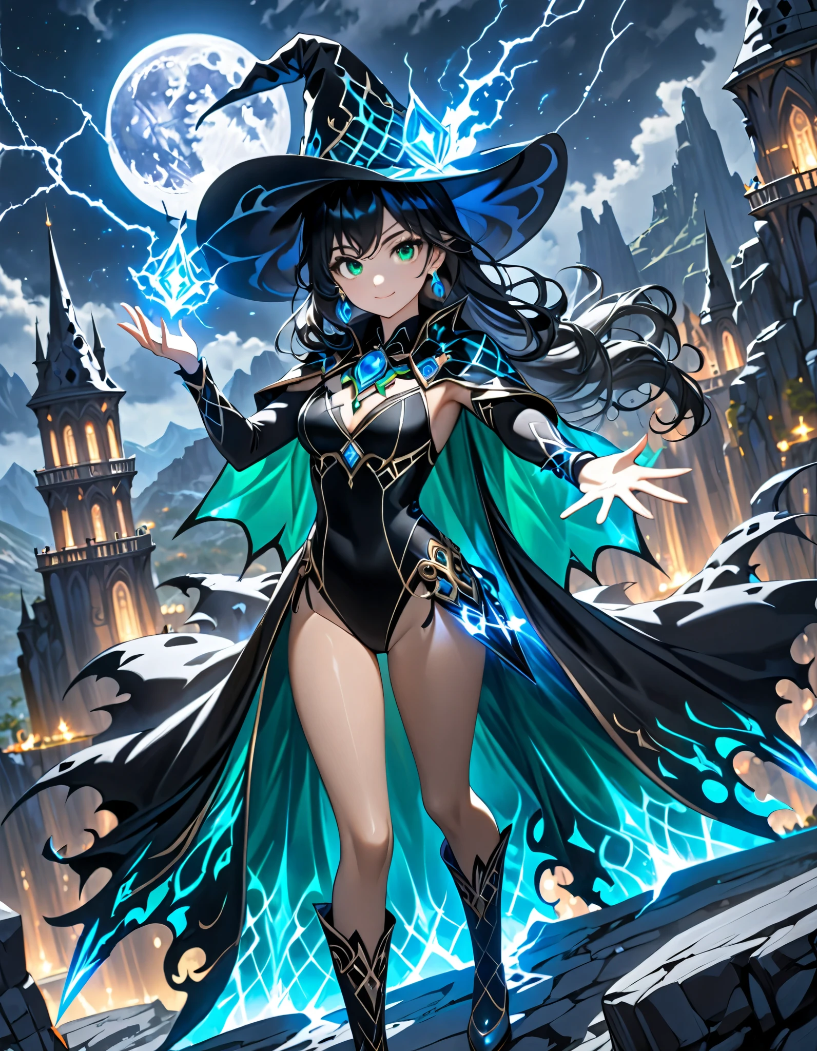 (masterpiece), (best quality), (high res), 1girl, tall body, jet black hair, long hair, ahoge, green eyes, beautiful detailed eyes, beautiful detailed face, cute face, perfect hands, complete fingers, perfect anatomy, perfect proportions, ((hat, sorcerer's hat)), (diamond earnings), (cape), ((leotard, black leotard, matching leotard, bare legs)), ((boots, matching boots)), breasts, medium breasts, gloves, (full body portrait), outstretched arms, (casting spell), magic, (blue (jewel) on waist), cliff backdrop, full moon on background, lightning, (black crow on shoulder), dark atmosphere, wicked smile, full body costume design.