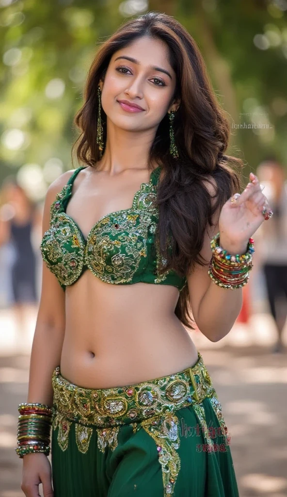 1 girl, strong girl, long hair styled in an elegant updo, looking at the viewer with a confident and radiant smile, wearing a red short-sleeve tie front traditional  arabic sleeveless blouse, detailed embroidery on the sleeve edges, and a matching transparent netted blue draped bottom piece with an embellished waistband. Exposed midriff and visible navel, highlighting her toned waist and curvy figure. She wears traditional Indian jewelry, including gold dangling earrings and a set of colorful bangles. Detailed, smooth skin with a natural glow, expressive and perfectly shaped eyes, small bindi on her forehead, and in an outdoor, natural setting with soft lighting,full body shot, massive boobs, hourglass body, Big thighs, revealing thighs,sexy figure, deep cleavage 