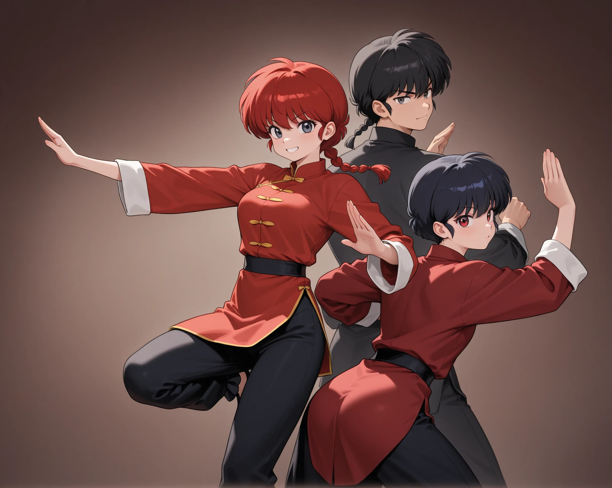 (1boy and 1girl\((back to back:1.4)\):1.4), 1boy\(Ranma, the main character of anime\(Ranma1/2\), braided black hair, gray eyes, red Chinese clothes, smiling, ranma saotome, single braid, braided ponytail,pants, chinese clothes, tangzhuang, kung fu pose\),1girl\(Ranma, the main character of anime\(Ranma1/2\), braided red hair, red eyes, red Chinese clothes, smiling, ranma saotome, braid, red hair, single braid, braided ponytail, red eyes,pants, chinese clothes, tangzhuang, kung fu pose,purple eyeshadow),background\(many deformed pandas,simple,pastel color\). BREAK .quality\(8k,wallpaper of extremely detailed CG unit, high resolution, top-quality, top-quality real texture skin, hyper realistic, increase the resolution, RAW photos, best quality, highly detailed, the wallpaper, golden ratio, high saturation realism, vibrant colors, dramatic lighting, persuasive storytelling, atmospheric scenery, captivating visuals, intricate details, strong emotions, dreamlike world\)