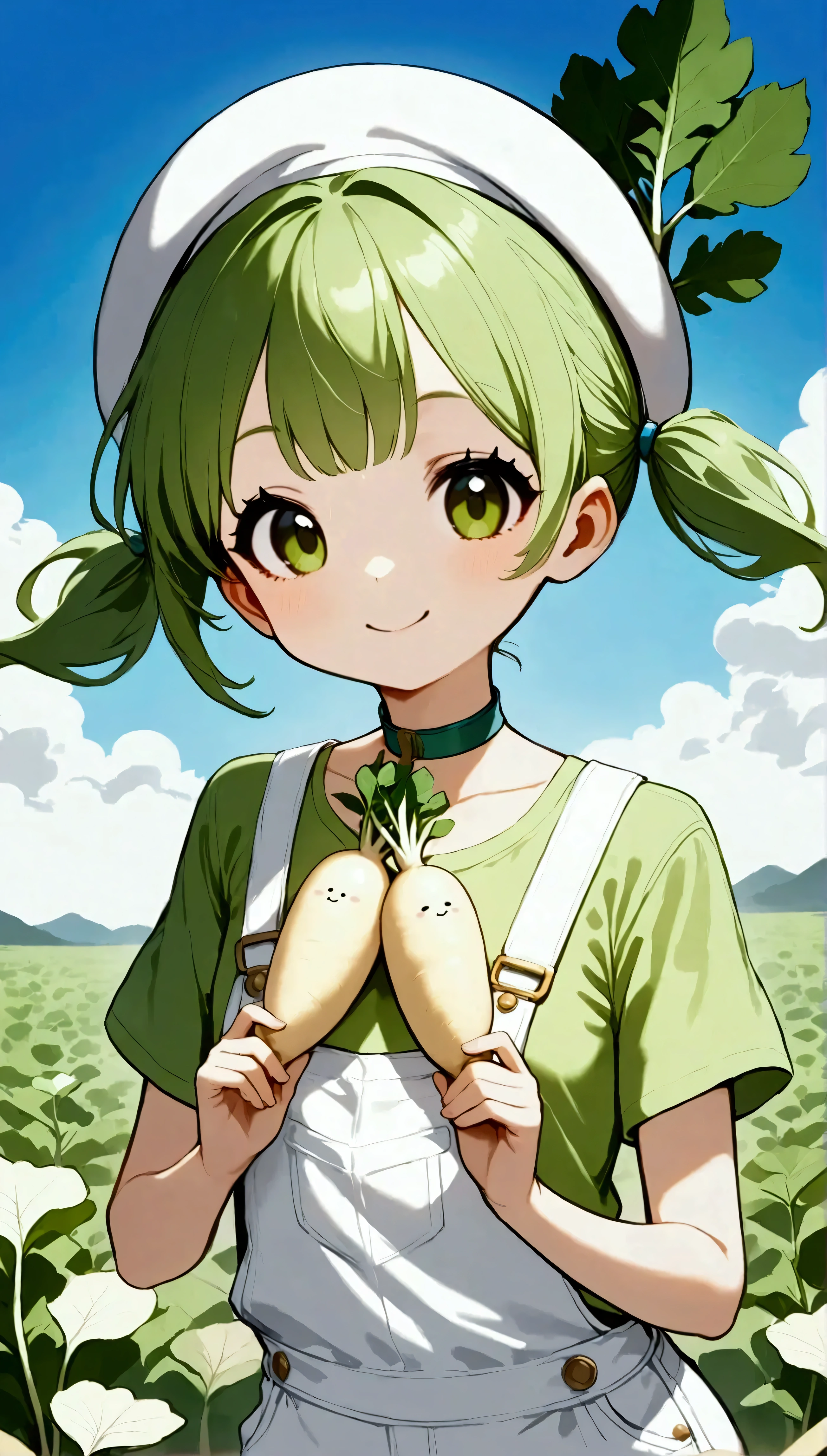 DKG ,  cute girl,  little character, (( daikon leaves growing))White Beret,  short green twin tails .  :1.2, Green T-shirt,  white overalls , Green choker, Hold daikon in both hands:1.6, smile, Beautiful blue sky,  daikon field background .