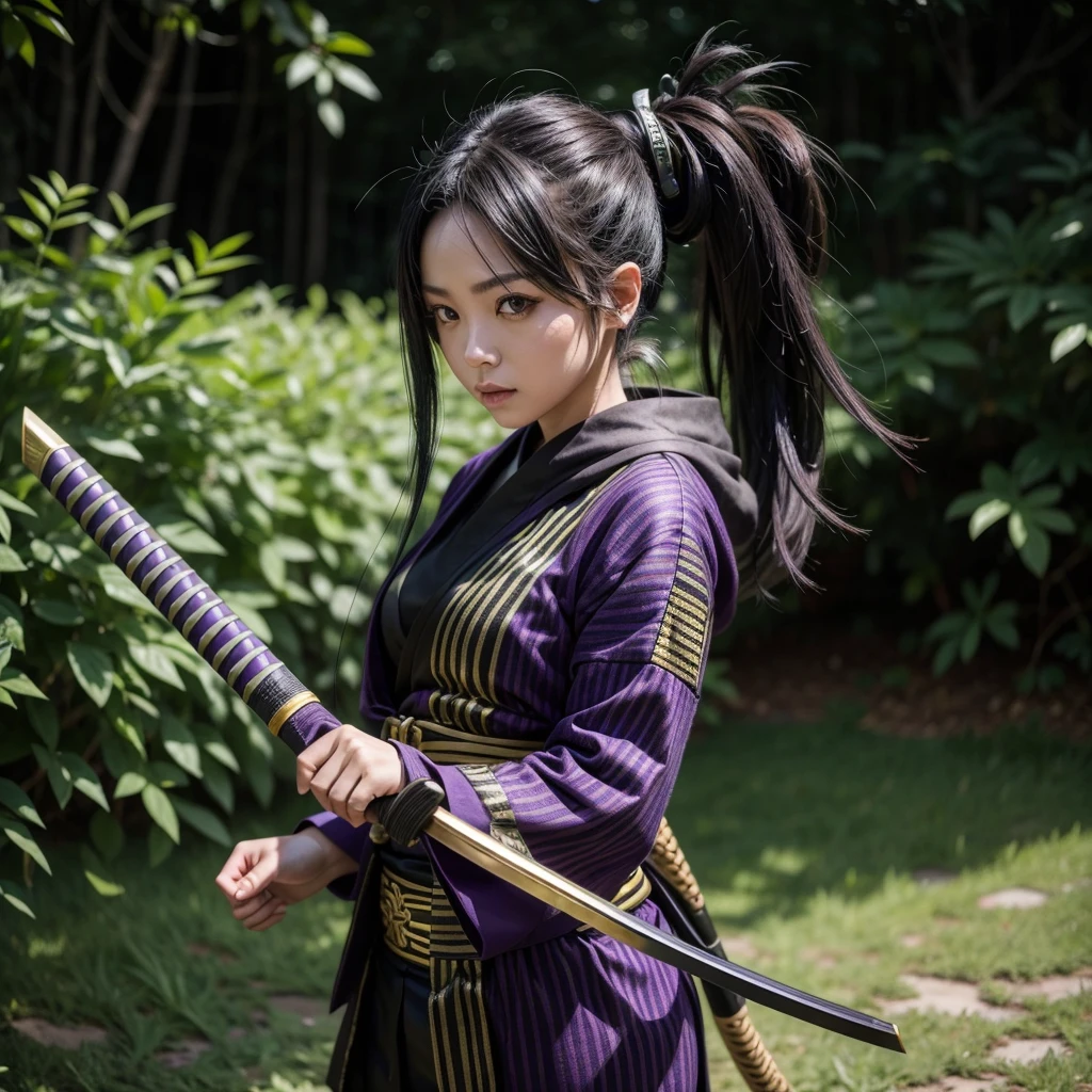 A girl with dark blue hair with pink tips, with dark and shiny blue eyes, who has light skin, who has a demon hunter outfit but with a long skirt cut at the sides,That he has a long sword with flowers and glitter and that he is a character from Kimetsu no yaiba