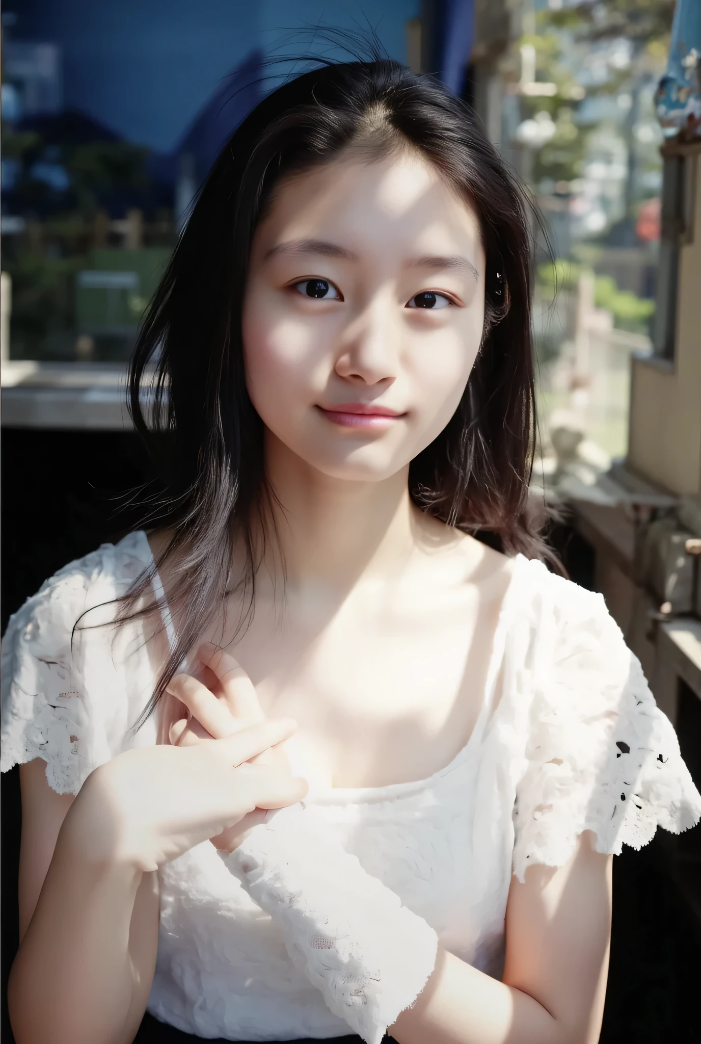 {{ 1 woman with a cute smile}}、{{I'm wearing cute white underwear :1.8}}。, {{Fluffy off-the-shoulder:1.8}}, {{ make a big heart with both hands }}, {{Place your hands in front of your chest, View above the collarbone}}、 {{ has a monotone background}} 、