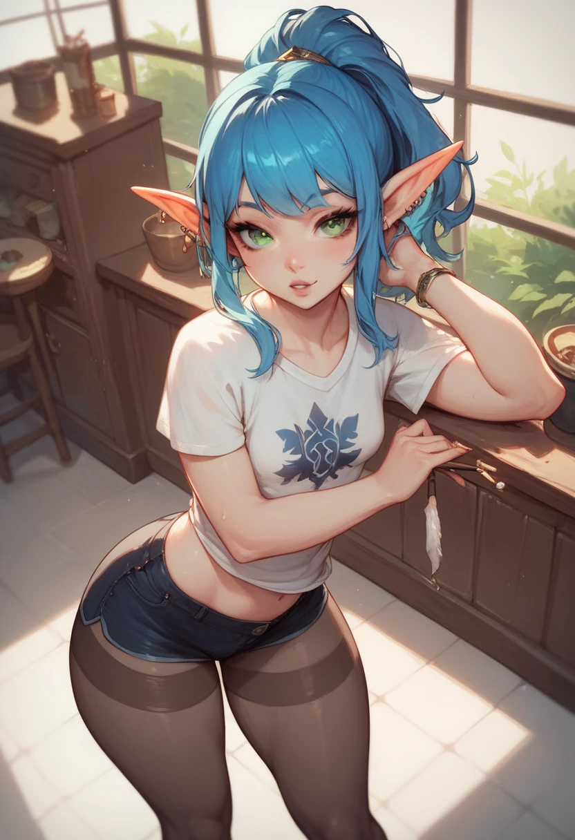 (masterpiece, best quality), female ageless, supple, maori, brown eyes, large ears, roman nose, receding chin with cleft, full cheeks, low forehead, long face shape, , mint green box braids hair, disgust wearing cropped pants, panties, , back arch, arching the back, highlighting the body's natural curves and sensuality, dramatic lighting, high contrasts and bold shadows to intensify emotions and create a passionate ambiance, a warm kitchen, with the scent of home-cooked meals and laughter of loved ones