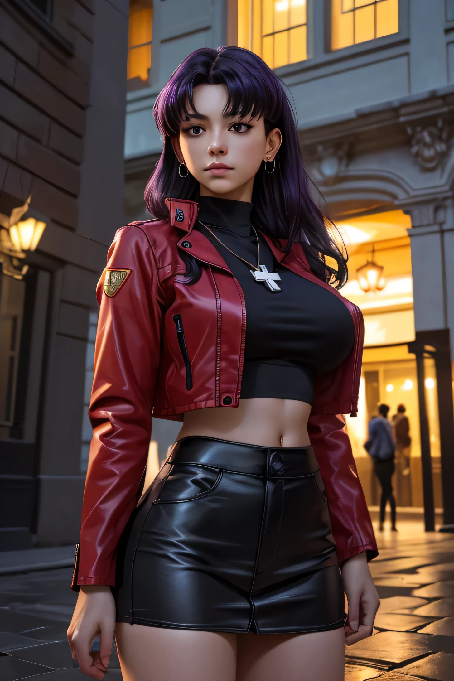 (ultra realistic,32k, masterpiece:1.2),(high detailed skin:1.1),( 8k uhd, dslr, high quality:1.1),
 misato, black eyes, parted bangs,black-Purple hair,  long hair, earrings, cross necklace, red jacket, long sleeves, black crop top, navel, wide hips, black skirt, (huge breast:1.1), 
(looking at viewer, standing, from below:1.1),,
,(neon light:1.1),courtyard, ornate fountain, cobblestone paths, tranquil