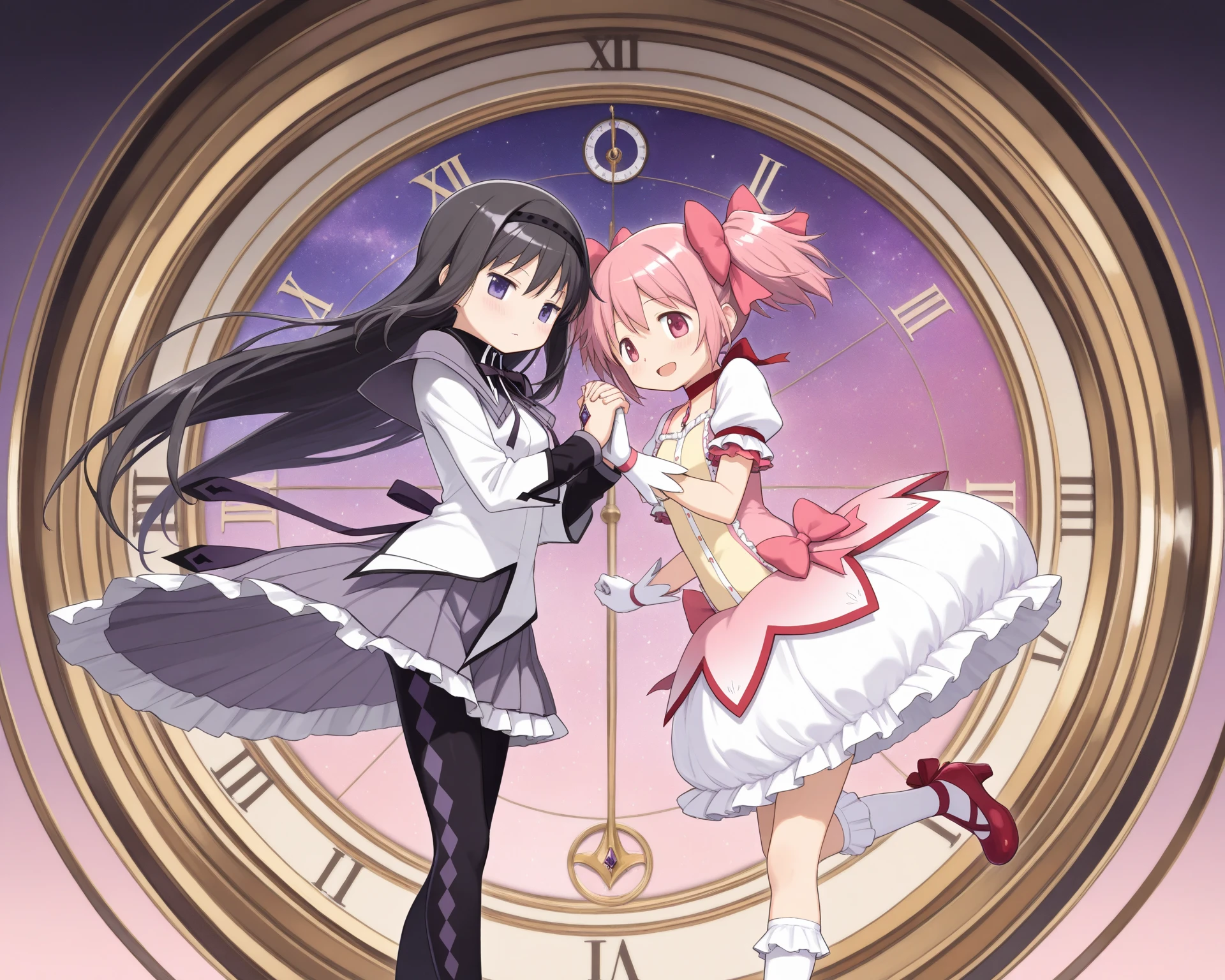 (2girls:1.5),(akemi_homura\(Puella Magi Madoka Magica,magical_girl,purple long hair,purple costume\) and kaname_madoka\(Puella Magi Madoka Magica,Magical_Girl,pink short twin tails,pink costume\) are holding hands:1.3),colorful and geometric and chaotic background of chaotic gothic shadow puppet castles,(in a very psychedelic nightmare),big clock motif at the center of background,. BREAK .quality\(8k,wallpaper of extremely detailed CG unit, high resolution, top-quality, top-quality real texture skin, hyper realistic, increase the resolution, RAW photos, best quality, highly detailed, the wallpaper, golden ratio, high saturation realism, vibrant colors, dramatic lighting, persuasive storytelling, atmospheric scenery, captivating visuals, intricate details, strong emotions, dreamlike world\).(long shot),wide shot,landscape,blured background,(art by Maurits Escher:1.3)