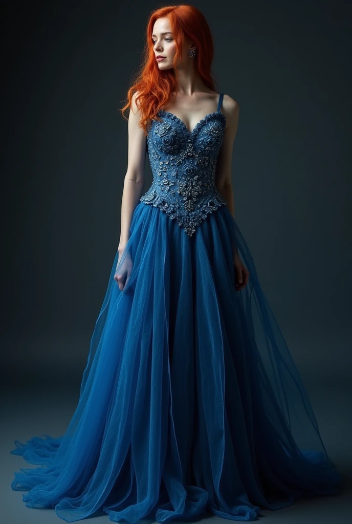 Curly redhead girl in long blue prom dress full body