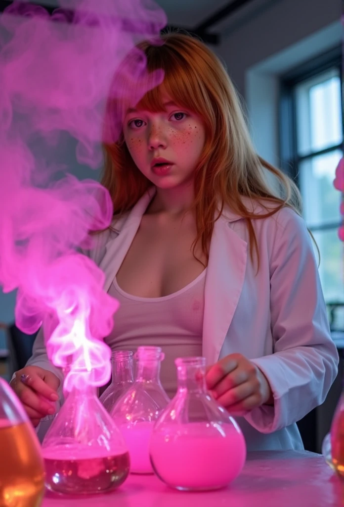 Photograph, Pre teen ginger girl with long hair and freckles is mixing pink liquids in a lab, wearing a tank top and labcoat, pink smoke coming from the vials, pokies, breasts are swelling, gigantic breasts, shocked face, hypnotized face