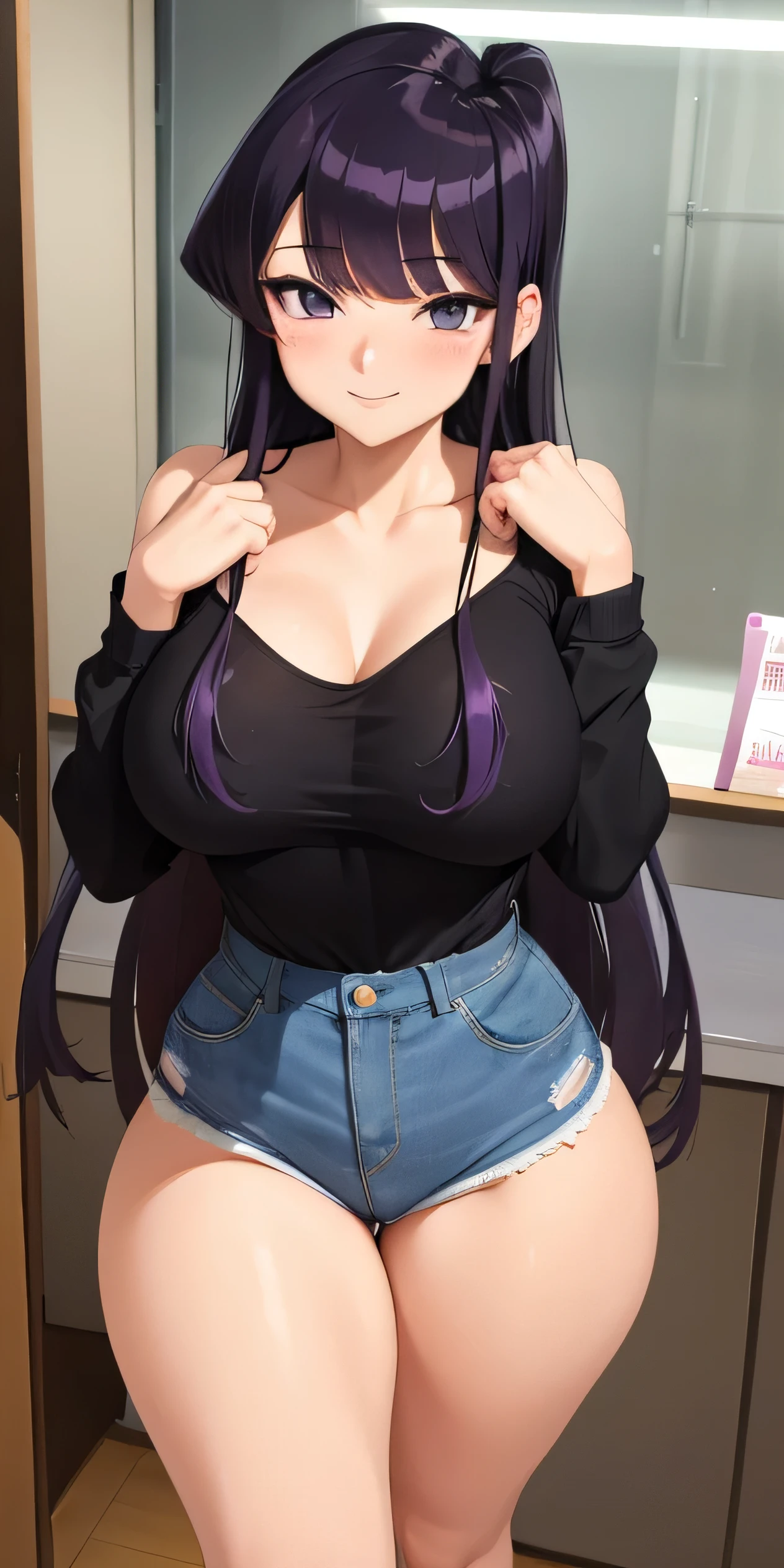 Anime girl, Komi Shouko, purple eyes, purple long hair, muy voluptuosa, teen, big breast, shy smile, wallpaper, High waist denim shorts, long sleeve blouse, strap, breasts bounce, house