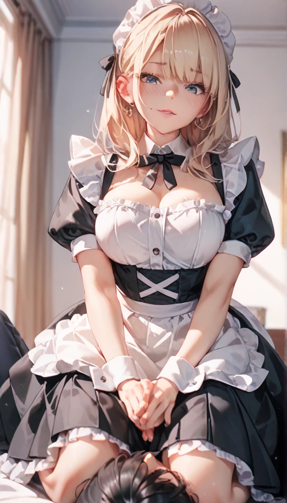 ((highest quality、High resolution))、Portrait、A beautiful woman、Perfect body、Beautiful ample breasts、Long blonde、bangs、Sexually excited facial expression、Love juice、No panties、Legs wide open、((POV、Maid showing pussy、orgasm))、I'm inviting you to have sex