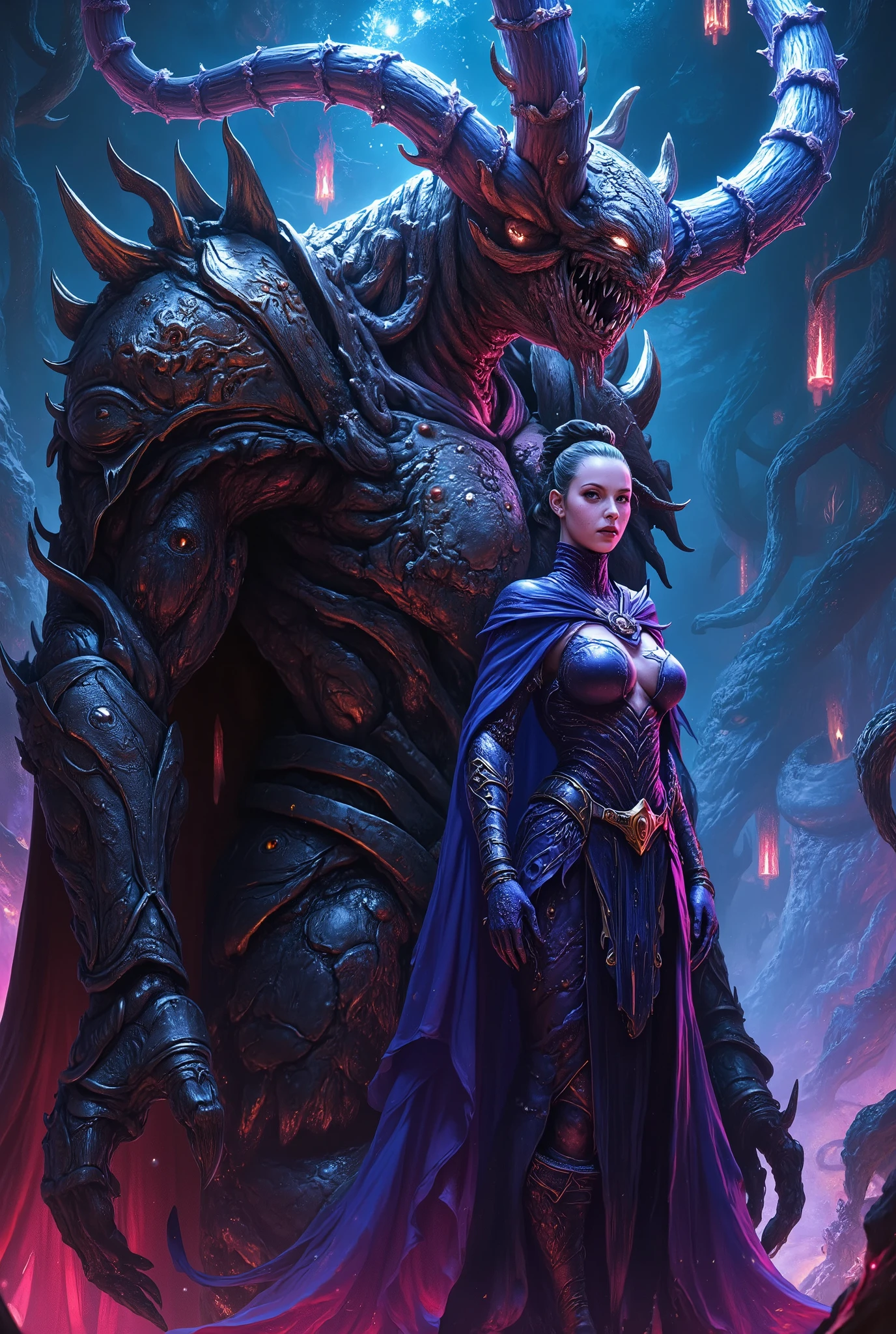 score_9, score_8_up, score_7_up, score_6_up, score_5_up, score_4_up, (best quality,4K,8k,highres,masterpiece:1.2), (super realistic photo:1.6), A neon-colored, mutant Grimm knight, stunning female, (Cthulhu Bishop:1.2), highly detailed, ultra-realistic, 8K, cinematic lighting, dramatic shadows, vibrant neon colors, glowing energy, intricate armor, twisted and distorted features, eldritch horror, dark fantasy, photorealistic