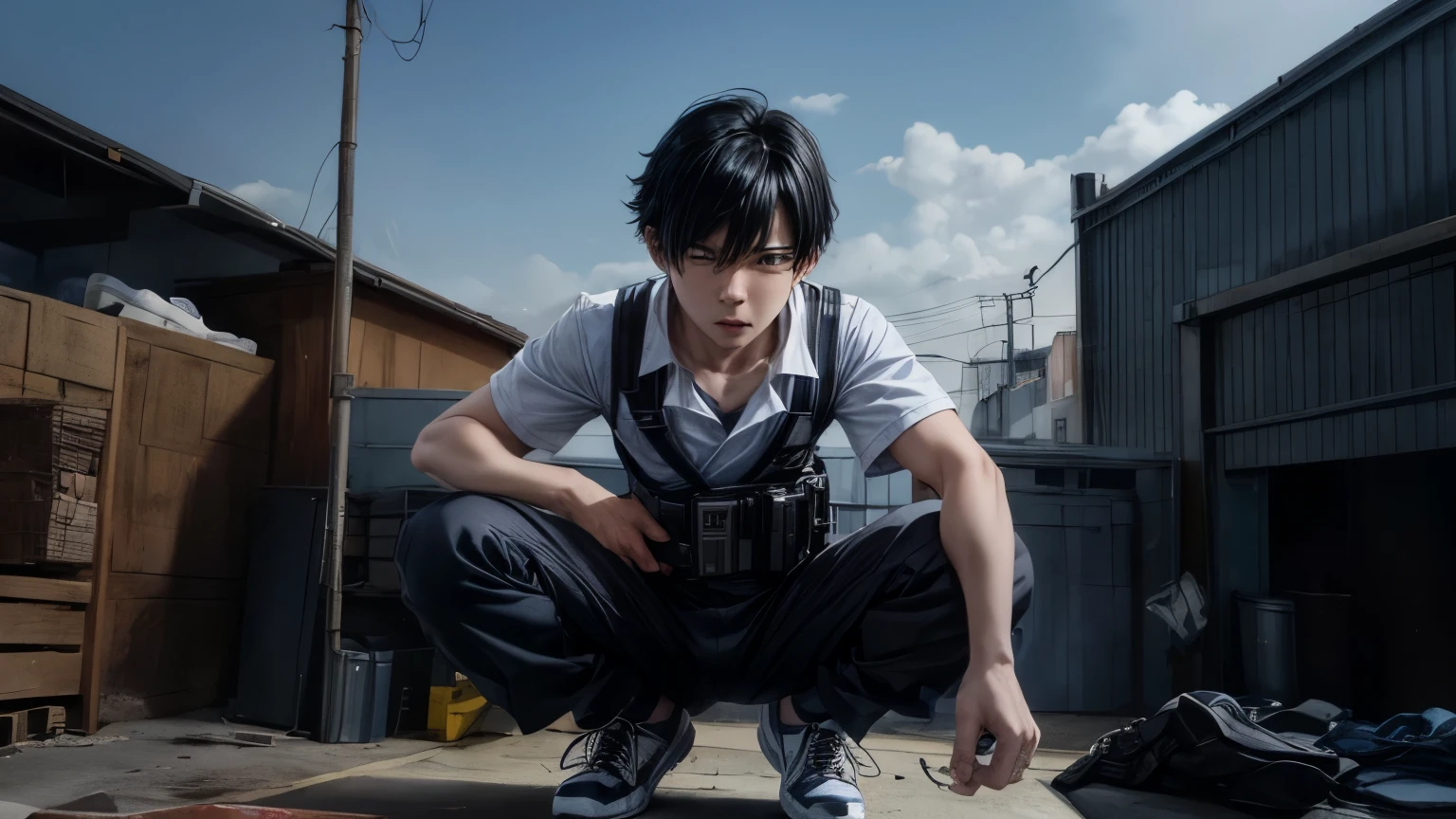  英俊的12岁男初中生 　blue and white full body school uniform 、Electric shock belt 、  Black Work Shoes  、 Shootout、  sniper from the warehouse roof  、 shoot the enemy underneath  、 Legs open、 squat、 staring at the camera while preparing to launch、logic , Black Hair、 Short hair 。  bulging in the crotch part of his pants  、 screams 、 View from below,  camera 、  Cool Poses 　  upper body lift ， highlight facial expression 　