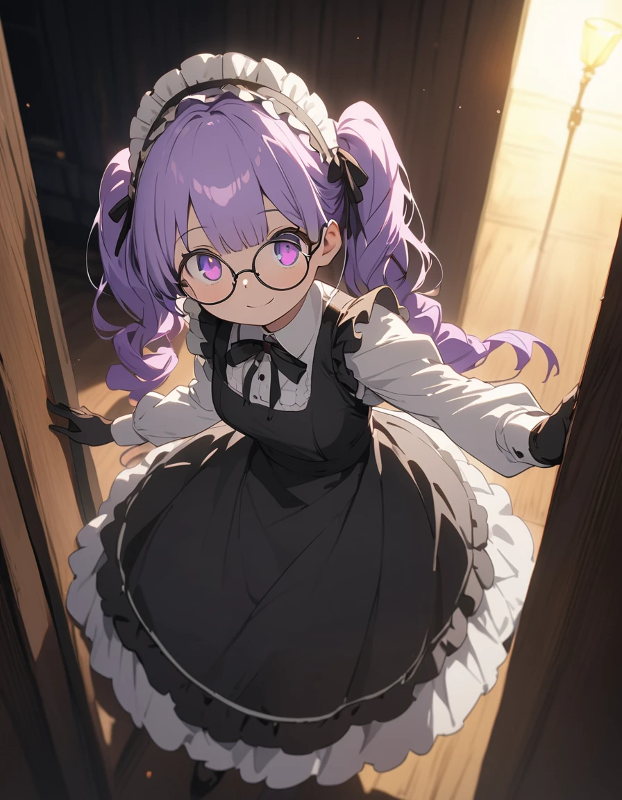 Long purple hair ,  maid wearing clothes , fullbody, round glasses, Front Light ,Cute 2D, Front lighting 、( for a woman with bristles、masterpiece、 high definition 、 Details)、animeスタイル、 flat style 、(Shining Eyes、 Details美しい顔),  1 girl、extremely  Details、(The Shining),  vest lighting,  best shadow、High saturation, anime,  Twin Tails ,  purple hair, pantyhose, violet hair, black gloves, violet eyes, gloves, long sleeves, maid headdress, smile, Round eyes ,  high brightness, perfect hand, Bright face, noon