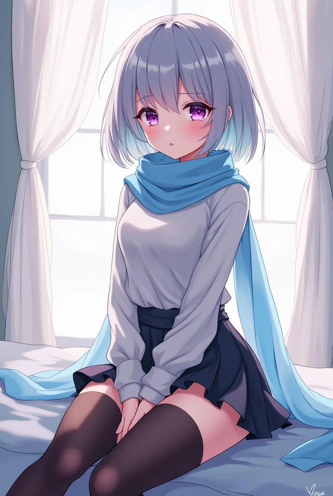 Highest quality, Face Focus, Soft Light, Ultra-high resolution, (Realistic:1.4), RAW Photos, 1 Japanese girl, alone, cute, (A shy smile:0.5), (Light blue eyes, Light in your eyes), Beautiful face in every detail, (Small box),(High resolution detail of human skin texture),Silver Hair (Short Bob Hair), break, In the room,hoodie, ,skirt,Knee-high socks(white)