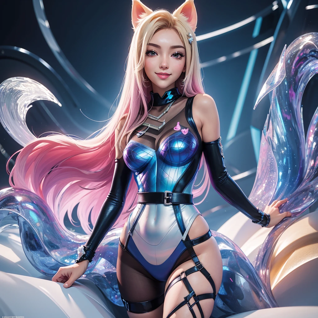 4 women Ahri KDA, perfect breast, beautiful, sexy, slim, cute, highly detailed, deep focused image, realistic full-lenght photo, racing one piece swimsuit, mesh, smile, pantyhose, arms around waist, bed, 