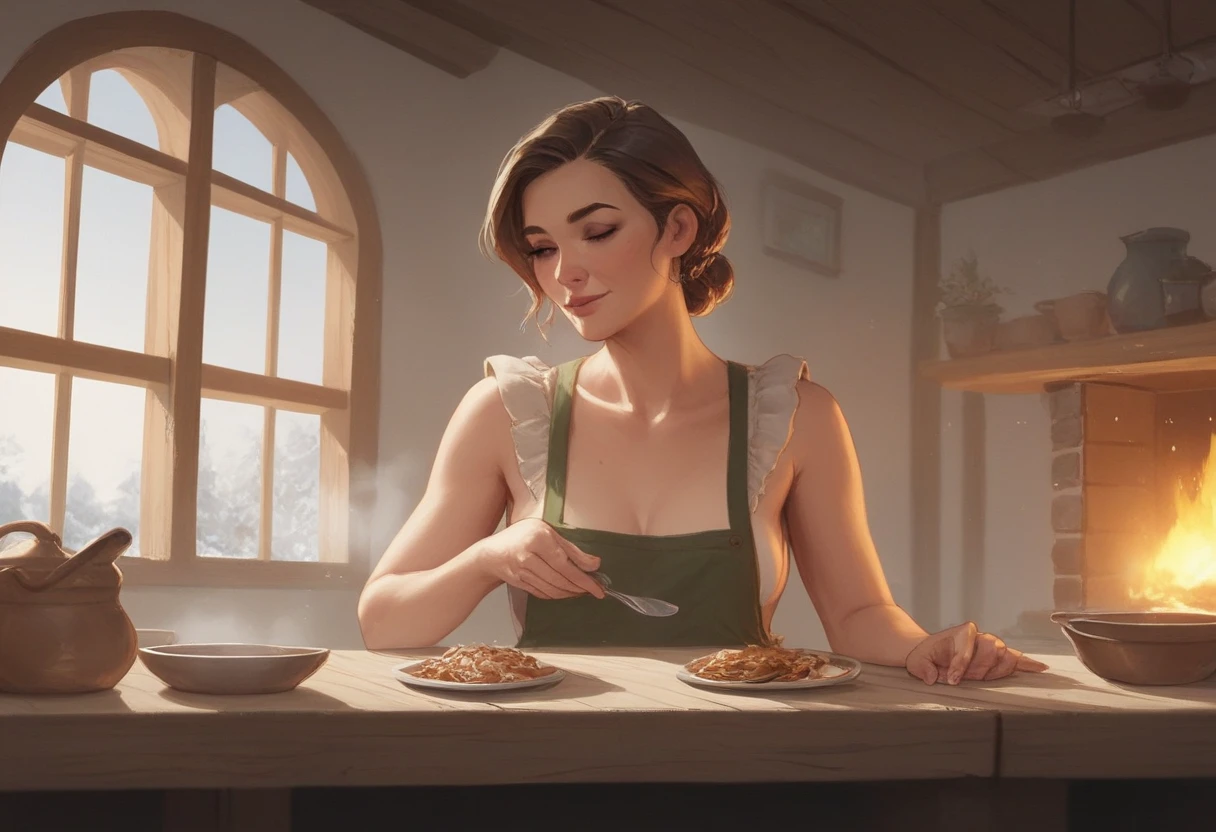 A room with a warm fireplace, a housewife arranging plates of hot stew on the table, steam rising from the plates of stew, the housewife is beautiful and wearing a loungewear and apron, it is snowing outside the window, a relaxing scene, sophisticated design, 8K quality, animation