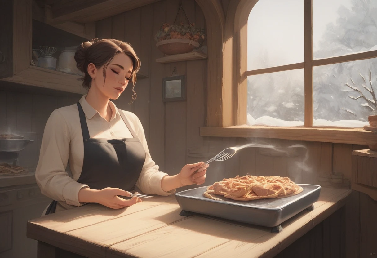 A room with a warm fireplace, a housewife arranging plates of hot stew on the table, steam rising from the plates of stew, the housewife is beautiful and wearing a loungewear and apron, it is snowing outside the window, a relaxing scene, sophisticated design, 8K quality, animation