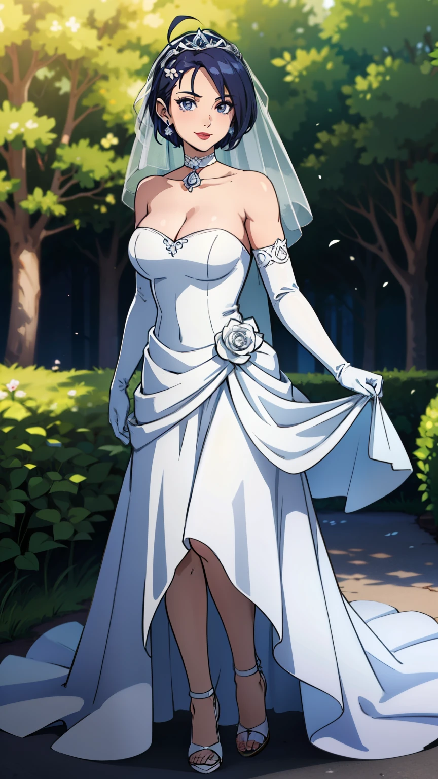 1girl ,defShamir ,short hair ,earrings ,lipstick, eye shadow, makeup, hair between eyes, ahoge, hair ornament, gloves, dress, cleavage, bare shoulders, collarbone, white elbow gloves, white gloves, white dress, strapless, white choker, tiara, veil, strapless dress, wedding dress, bridal veil, beautiful woman, perfect body, perfect breasts, wearing a wedding dress, ball gown,full body ,in the park trees, wedding decorations, looking at the viewer, smile, realism, masterpiece, textured skin, super detail, high detail, high quality, best quality, 1080p,