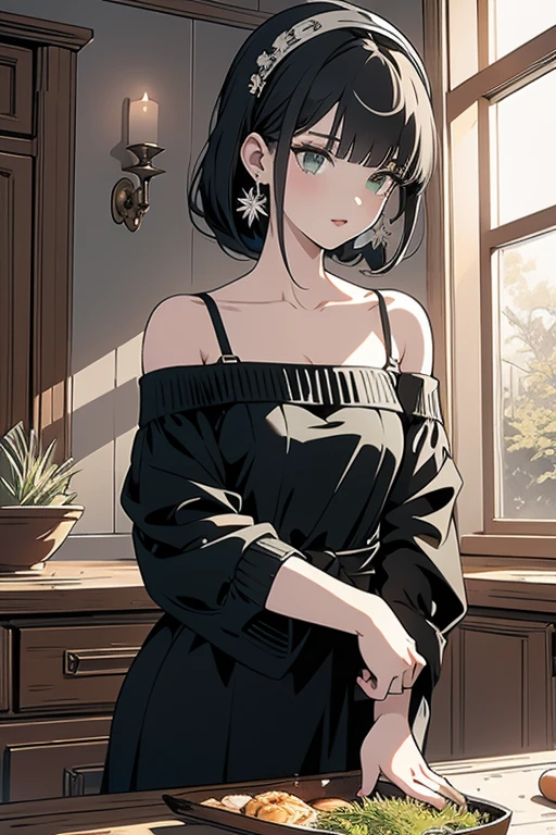 masterpiece, yor, 1girl, Bust A Cup, Amazing Cleavage:1.1, thin waist, big ass, Raised sexy, small breast: 1.1 posed cleavage:1.2、solo, looking at viewer, open mouth, have a cute grass of cute beergrass,black hair, dark green eyes, dress, bare shoulders, jewelry, collarbone, sidelocks, hairband, earrings, indoors, off shoulder, :o, sweater, arms behind back, plant, short hair with long locks, gild hairband, off-shoulder dress, sweater dress, off-shoulder sweater, red sweater, dark gord hair, big side hair, very long side hair,is rendered in (masterpiece: 1.2, best quality), with (ultra high resolution) and an exquisite (depth of field). This masterpiece is not only visually stunning but also tells,A scene of cooking in the kitchen
