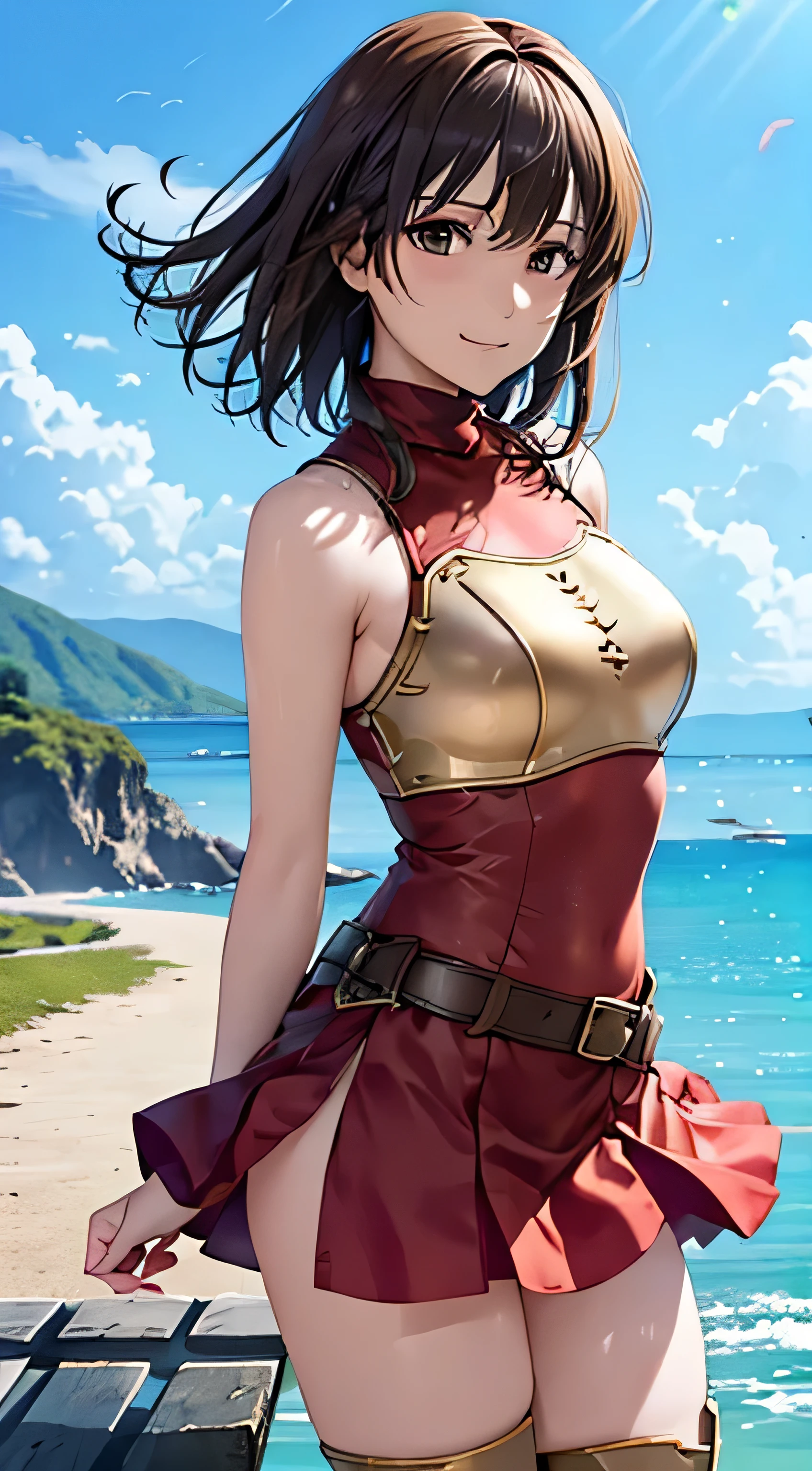 (( , top quality, , pixel perfect, 4K,))), 1 Woman , 、 (( short wave hair、 dark brown hair )), (( brown eyes , Beautiful eyelashes , realistic eyes)), (( detailed face , )), (( smooth texture:0.75, realistic texture:0.65, realistic :1.1, anime CG style)), small bust facing upward , dynamic angle , perfect body , (( , ,, Gold Shoulder Armor ,, Gold Breastplate, , sleeveless turtleneck red dress , red flared skirt , Knee High Boots ,Arm guard , belt)), Golden Hair Ornament 、 cross necklace 、 Sexy Poses 、 very cute smile, staring upwards 、、 style、 the wind is blowing 、 pink panties visible 、、、、、)、 Beach with a view of the castle 、 beautiful ocean、 pour water with both hands 、 lean forward with your butt sticking out
