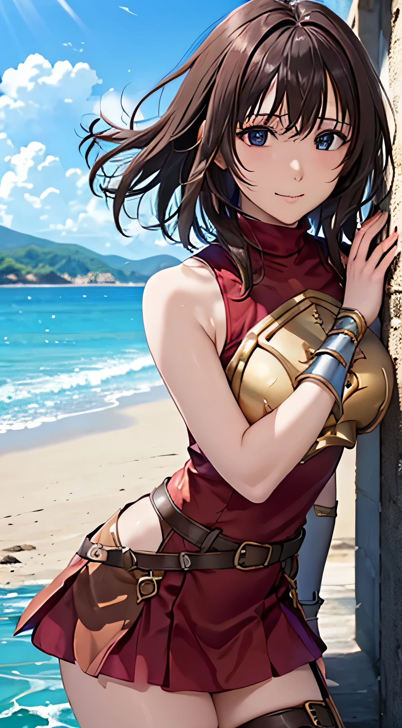 (( , top quality, , pixel perfect, 4K,))), 1 Woman , 、 (( short wave hair、 dark brown hair )), (( brown eyes , Beautiful eyelashes , realistic eyes)), (( detailed face , )), (( smooth texture:0.75, realistic texture:0.65, realistic :1.1, anime CG style)), small bust facing upward , dynamic angle , perfect body , (( , ,, Gold Shoulder Armor ,, Gold Breastplate, , sleeveless turtleneck red dress , red flared skirt , Knee High Boots ,Arm guard , belt)), Golden Hair Ornament 、 cross necklace 、 Sexy Poses 、 very cute smile, staring upwards 、、 style、 the wind is blowing 、 pink panties visible 、、、、、)、 Beach with a view of the castle 、 beautiful ocean、 pour water with both hands 、 lean forward with your butt sticking out