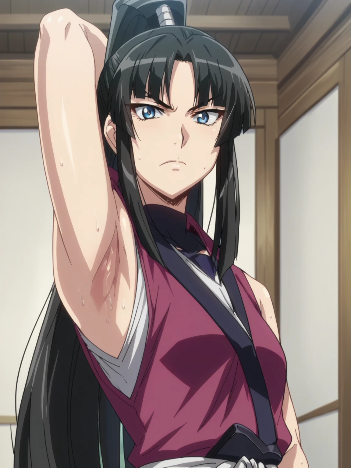 score_9, score_8_up, score_7_up, source_anime, anime screencap, 1girl, solo, ouka sayama, long hair, ponytail, blue eyes, black hair, parted bangs, bare shoulders, bare arms, arm behind head, armpit, looking at viewer, head towards viewer, badhandv4, indoors, closed mouth, black ninja outfit, sleeveless ninja outfit, from side, from below, sweaty armpits