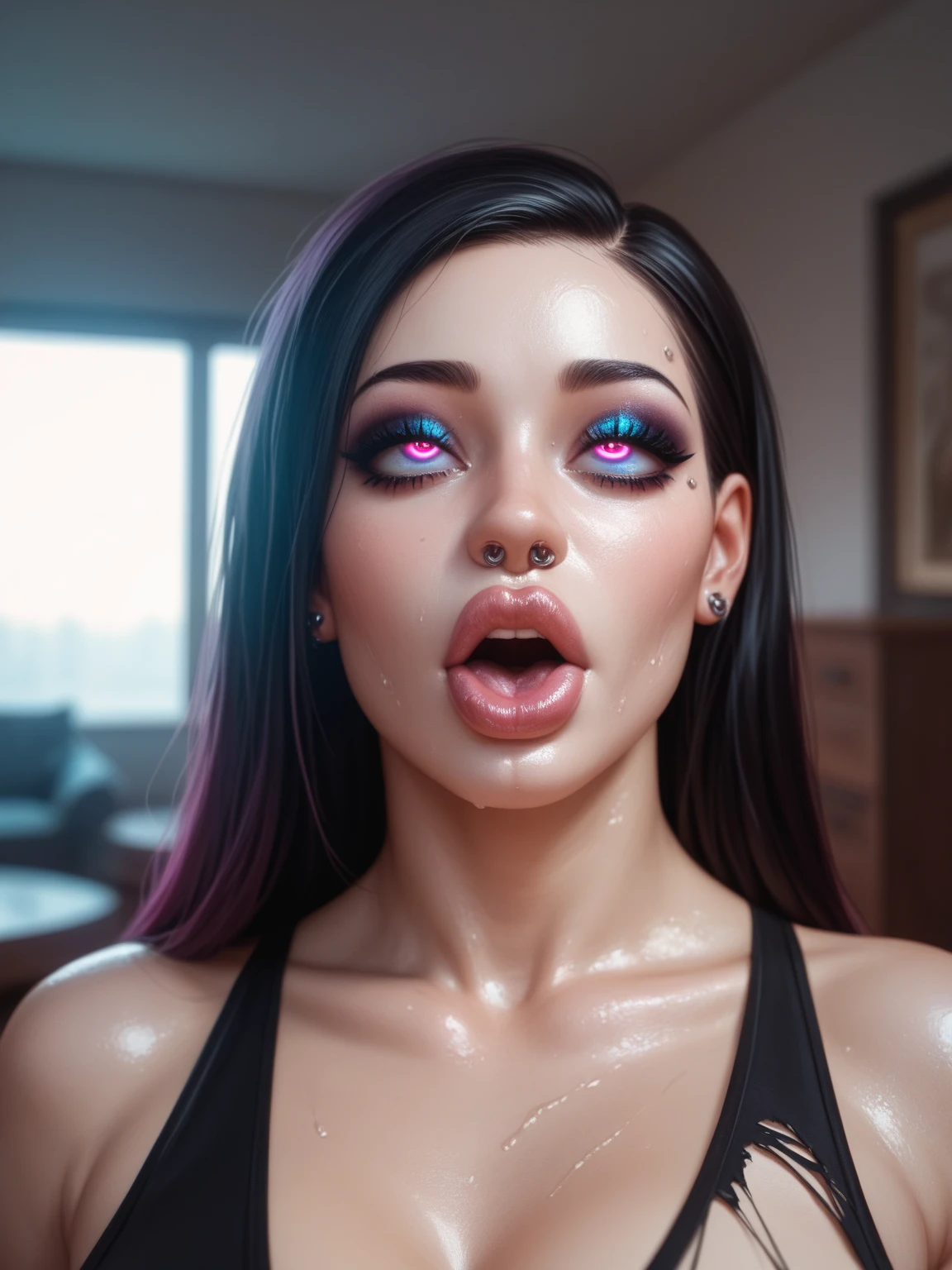 A beautiful young hyper-feminine hyper-curvy goth girl with a perfect curvy body, detailed face, detailed eyes, detailed lips, detailed chest, highest quality, masterpiece, hyper-realistic, extremely detailed, intricate details, ultra high resolution, 8k, oblong face
BREAK
partially nude, functionally nude, ripped clothing, indoors, having anal sex, ahegao face, nose piercing, brow piercing
BREAK
healthy glowing skin, shiny oily skin, incredibly pale skin, covered in sweat, large eyes, makeup running, glossy lips, large full lips, smeared lipstick