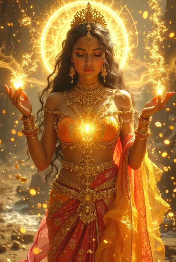 Create an intricate and super realistic surreal illustration of Mahalakshmi, the goddess of wealth, prosperity, and abundance. She is depicted as a radiant, serene figure, embodying grace and divine beauty. Her skin glows with a golden radiance, symbolizing the wealth she bestows upon the world. She wears an opulent saree in vibrant shades of gold, red, and orange, adorned with intricate floral patterns and shimmering gems. Her jewelry sparkles with divine light, including a crown, necklace, and bangles. In one hand, she holds a lotus flower, symbolizing purity and spiritual growth, while in the other, she offers coins, showering them upon the earth to signify prosperity. Her eyes are filled with compassion and wisdom, radiating a peaceful aura. She is surrounded by a celestial glow, with swirls of golden light and abundance flowing around her. The background is a divine, ethereal landscape with rolling hills, flowing rivers, and radiant temples, representing the prosperity she brings to the world. The scene should convey an atmosphere of divine abundance, peace, and prosperity, with Mahalakshmi’s grace and power enveloping everything around her.