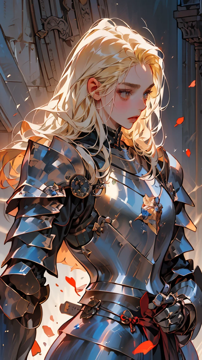 (((Best quality, 8k, Masterpiece: 1.3)), ((best quality)), ((masterpiece)), (detailed), perfect face, perfect body, (detailed skin:1.3), (intricate details), blonde hair, hair slicked back, Knight, royal guard, shiny sword, metal armor, gauntlets, elaborate armor, detailed armor,