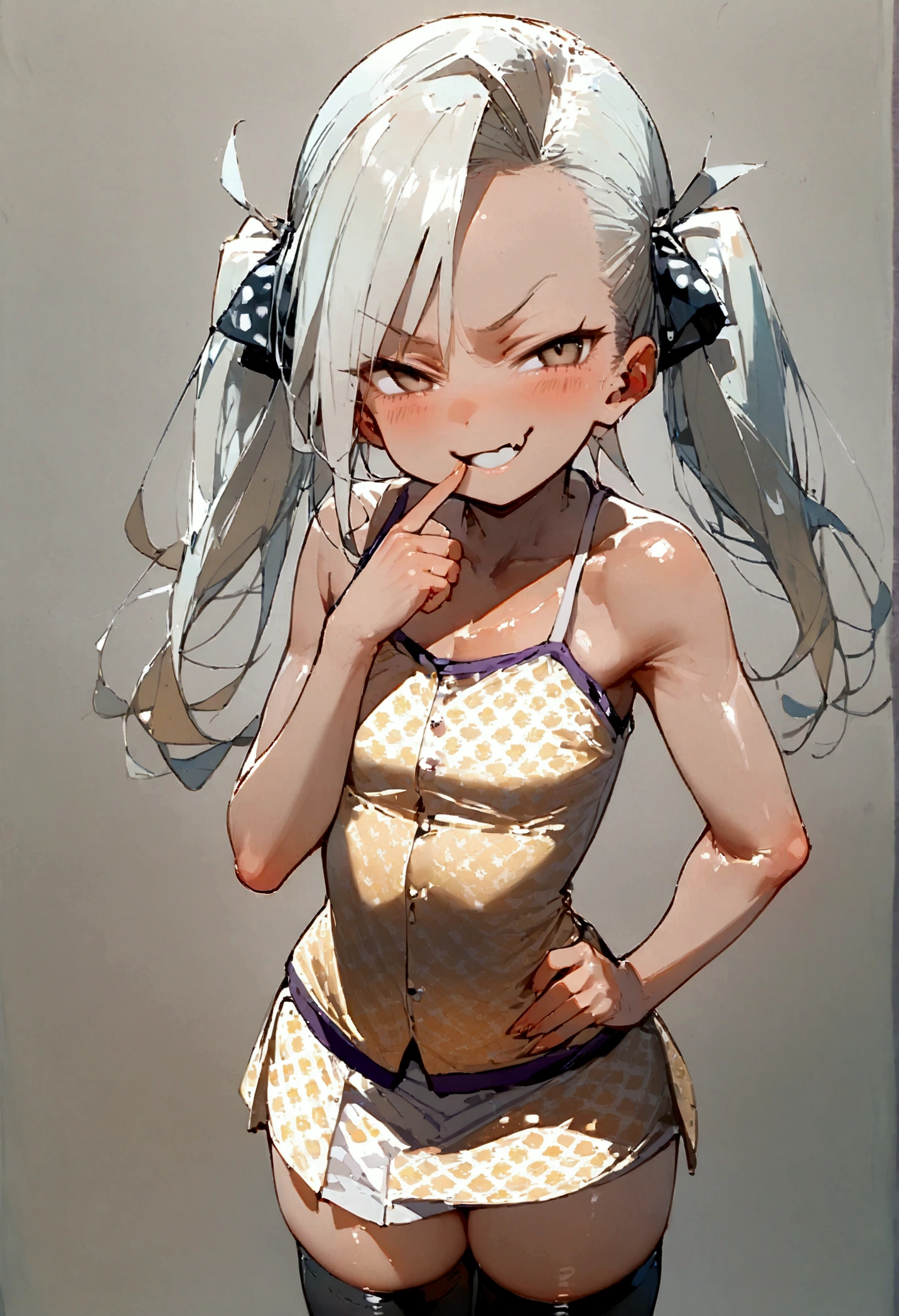 suntan, flat chested, smug face, camisole, female brat, twin tails, thighs, micro skirt, super tight, hand on hip, print shirt, skirt, thigh highs, ino yamanaka mesugaki, smug, skin fang, hand to own mouth, full body,