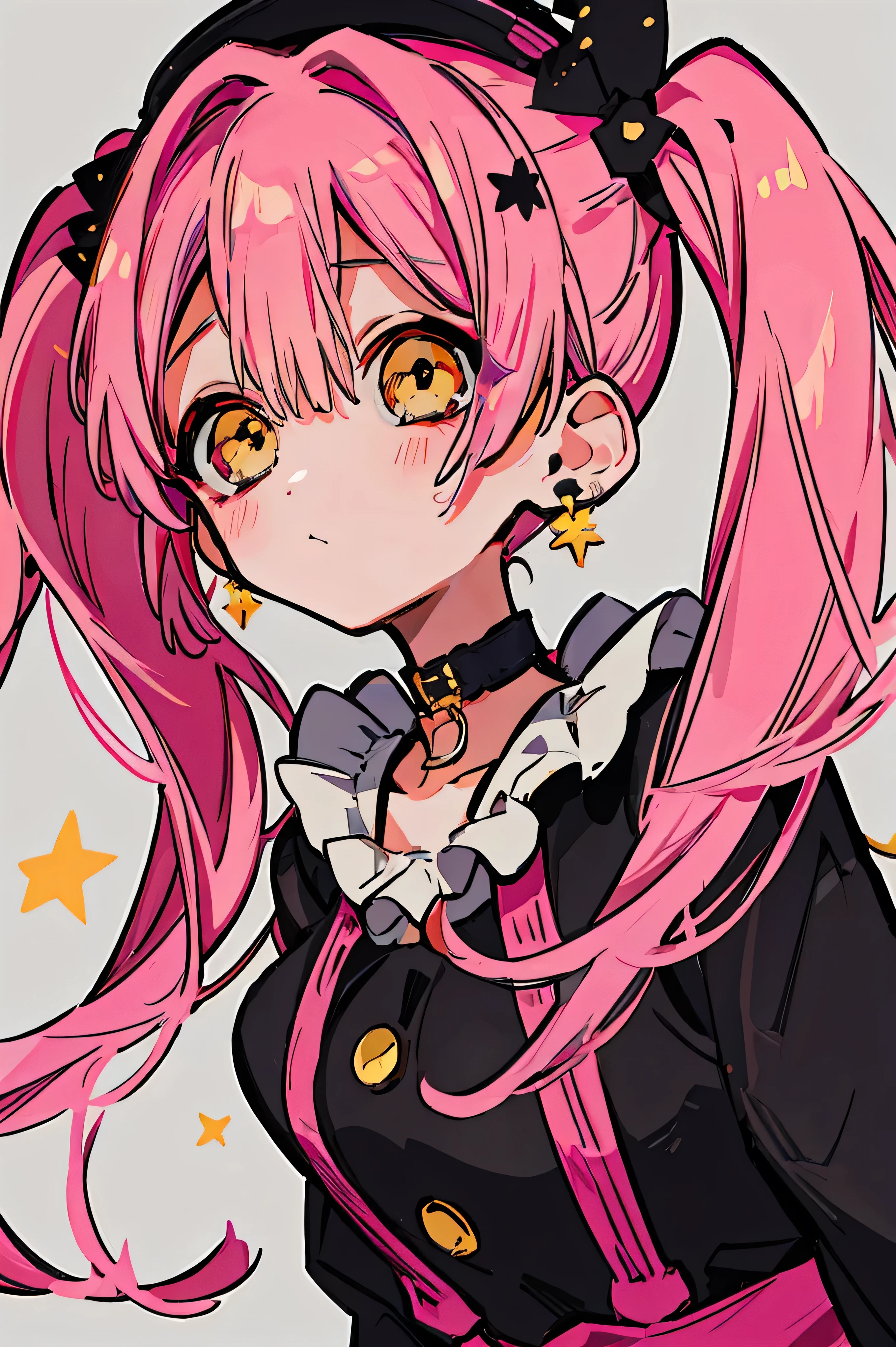 1 girl, yellow eyes, Twintails hair, long hair, pink hair, medium breast, medium ass, Bobby pins, choker, bored facial, earrings