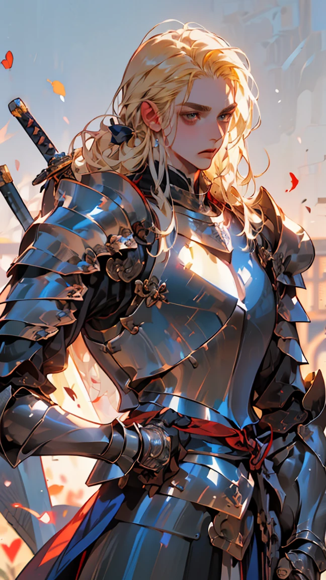 (((Best quality, 8k, Masterpiece: 1.3)), ((best quality)), ((masterpiece)), (detailed), perfect face, perfect body, (detailed skin:1.3), (intricate details), blonde hair, hair slicked back, Knight, royal guard, shiny sword, metal armor, gauntlets, elaborate armor, detailed armor, male