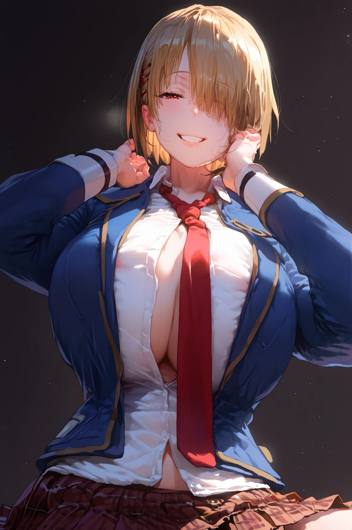 center view, throw, looking at viewer,  black background, solo focus,, a girl ,1person, expressive, Expressive, tall women, steamy, 1girl, half-closed eyes,  school uniform,  blazer,  blue jacket ,  white shirt,  ties,  brown miniskirt,  pleated skirt ,  plaid skirt, Black socks, Blonde,  short hair,  red eye , Hair covering one eye,, smile,
 1 girl, Improve, 1 person,  gigantic breast, sagging breast,   huge breasts,  huge breasts,  score_9_up,  score_8_up,  score_7_up, masterpiece,  are extremely beautiful, 