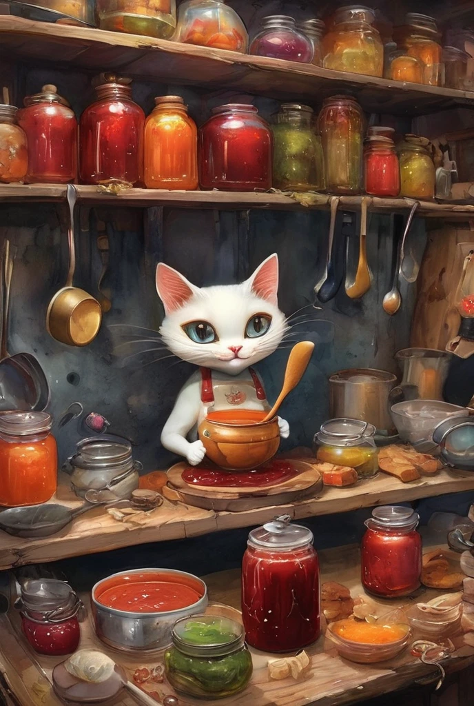   pictures of cats cooking with jars of jam in the kitchen, At the potion shop,  inspired by Jean Quip ,  Beeple and Jeremiah Kettner ,❤🔥🍄🌪, Cats make soup  ,   lowbrow pop surrealism ,  Jana Blake Art ,   Benjamin Lacombe  ,   Amazing Art  ,   Jean-Baptiste Monge  