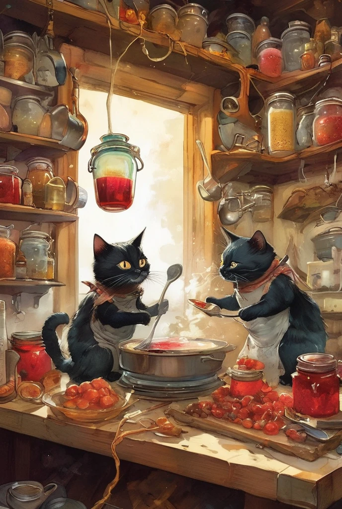   pictures of cats cooking with jars of jam in the kitchen, At the potion shop,  inspired by Jean Quip ,  Beeple and Jeremiah Kettner ,❤🔥🍄🌪, Cats make soup  ,   lowbrow pop surrealism ,  Jana Blake Art ,   Benjamin Lacombe  ,   Amazing Art  ,   Jean-Baptiste Monge  