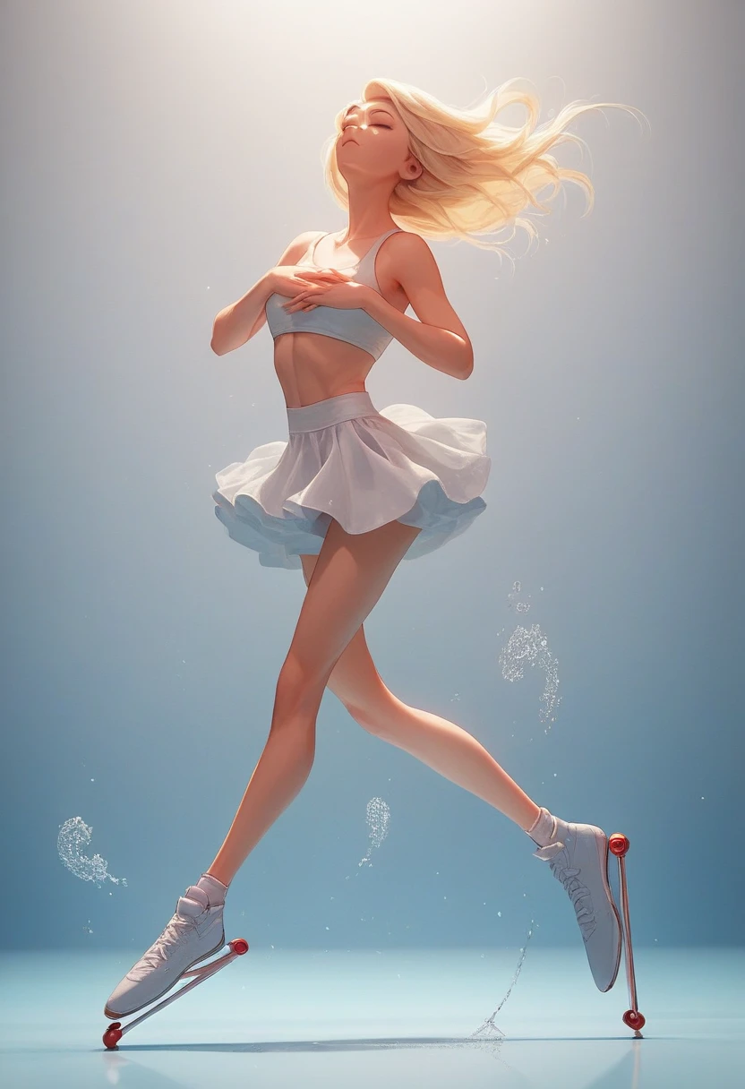 Figure skating, wearing a mini-length costume with a white background and lavender accents, a beautiful skater jumps and spins, floating in the air, hands clasped in front of her chest, blonde bob hair spinning and messy, light particles dancing on the ice rink, under the spotlight, sophisticated design, 8K quality, animation