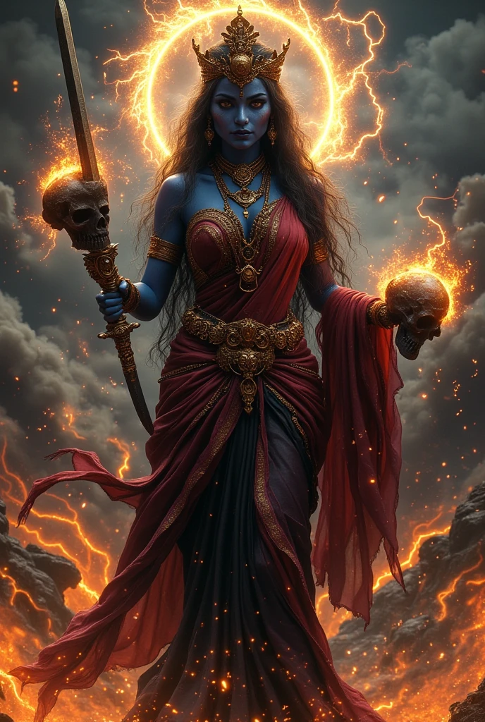 Create an intricate and super realistic surreal illustration of Kali, the fierce and powerful goddess of destruction and transformation. She is depicted as a dark and commanding figure, radiating both strength and divine energy. Her skin is a deep, intense blue-black, symbolizing her association with the cosmic void and destruction. She wears a traditional saree in shades of deep black and blood red, properly draped in the traditional Hindu cultural style, with the fabric flowing gracefully over her body and around her shoulder. The saree is adorned with intricate patterns, and its folds symbolize the cycle of creation and destruction. Her jewelry, including a crown, necklace, earrings, and armlets, is made of skulls and bones, emphasizing her connection to the primal forces of life and death. Kali holds a sword in one hand and a severed head in the other, representing her role as a destroyer of evil. Her eyes are intense and fierce, filled with divine wrath and protection. A halo of fire surrounds her, representing the transformative energy she brings. The background is a dynamic and fiery landscape, with swirling dark clouds and flashes of lightning, embodying Kali's power over destruction and rebirth. The scene should convey Kali's role as the protector and destroyer, with her strength and divine energy enveloping the entire scene.