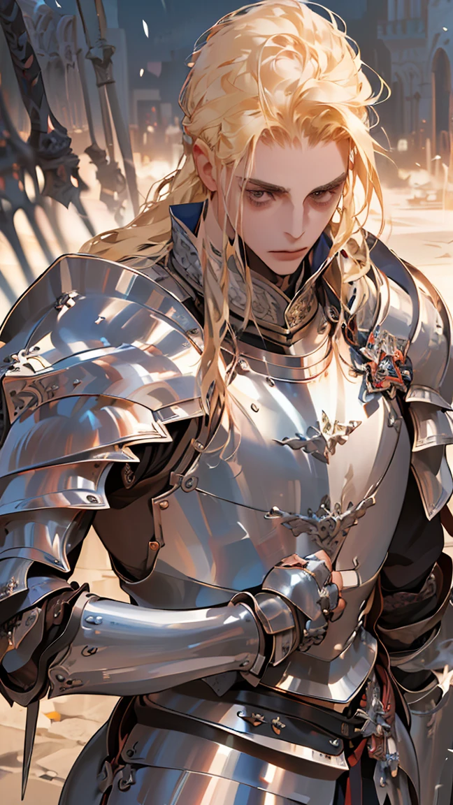 (((Best quality, 8k, Masterpiece: 1.3)), ((best quality)), ((masterpiece)), (detailed), perfect face, perfect body, (detailed skin:1.3), (intricate details), blonde hair, hair slicked back, Knight, royal guard, shiny sword, metal armor, gauntlets, elaborate armor, detailed armor, male