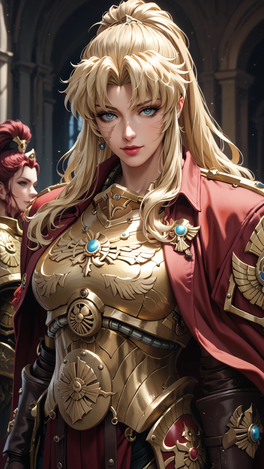 slimes_balalaika ,scar ,blonde hair, Female Adeptus custodes, adeptus custodes, golden armor, wh40k, red cape, winged armor, gold armor, large and strong build