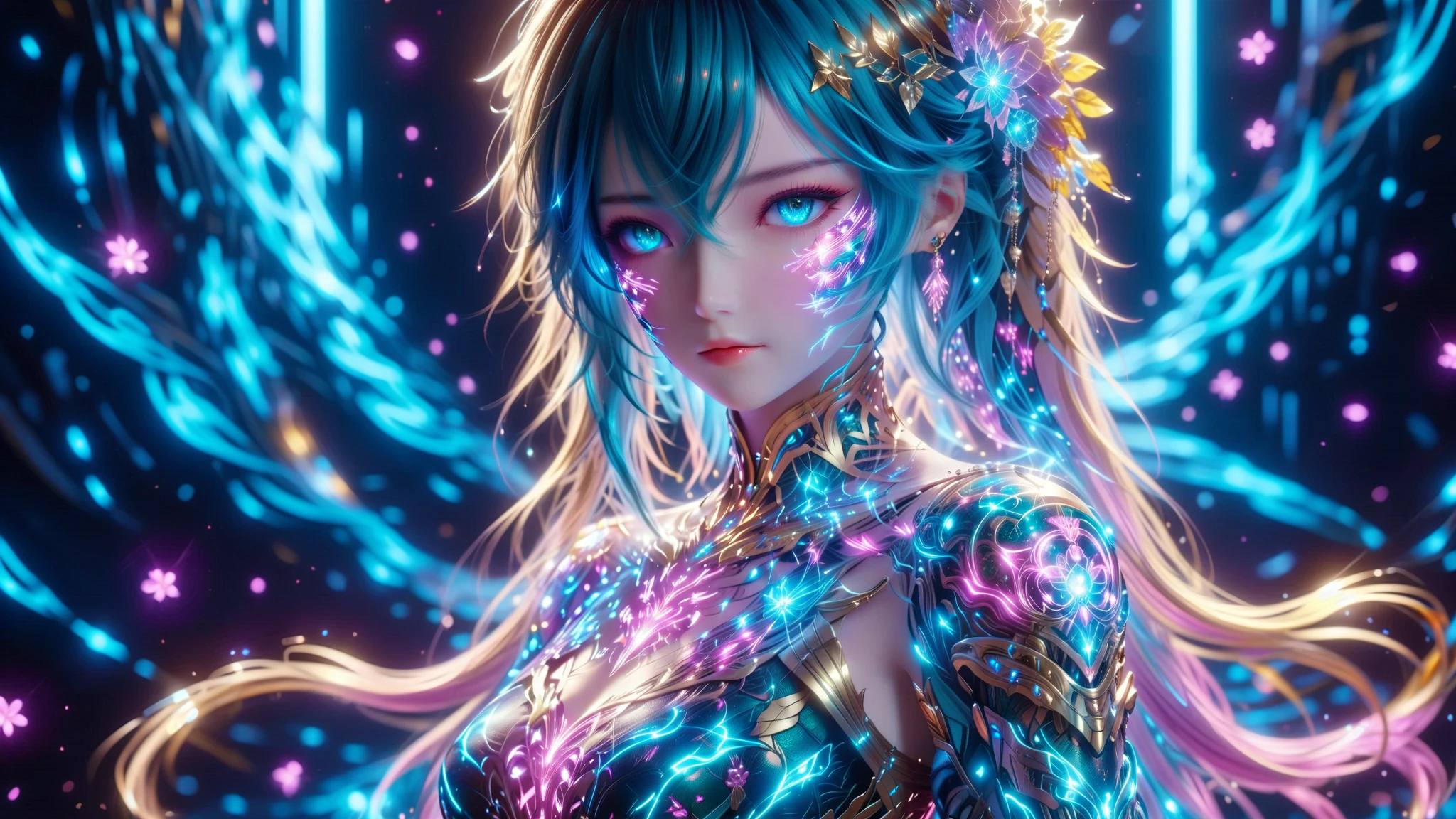 A Masterpiece In 32K Resolution, Supreme Quality, Super Detail, Official Art, Very High-Resolution 32K Wallpaper, Beautiful And Aesthetic, Ultra-Detailed Features, Awe-Inspiring Detail. A Stunning Anime Magical Girl In The Midst Of A Transformation Sequence, With Futuristic Tech-Based Armor Forming Around Her. The Scene Features Vibrant Glow Effects In Pink, Gold, And Teal, Floating Digital Particles Surrounding Her, And A Futuristic Laboratory Background With Holographic Screens.