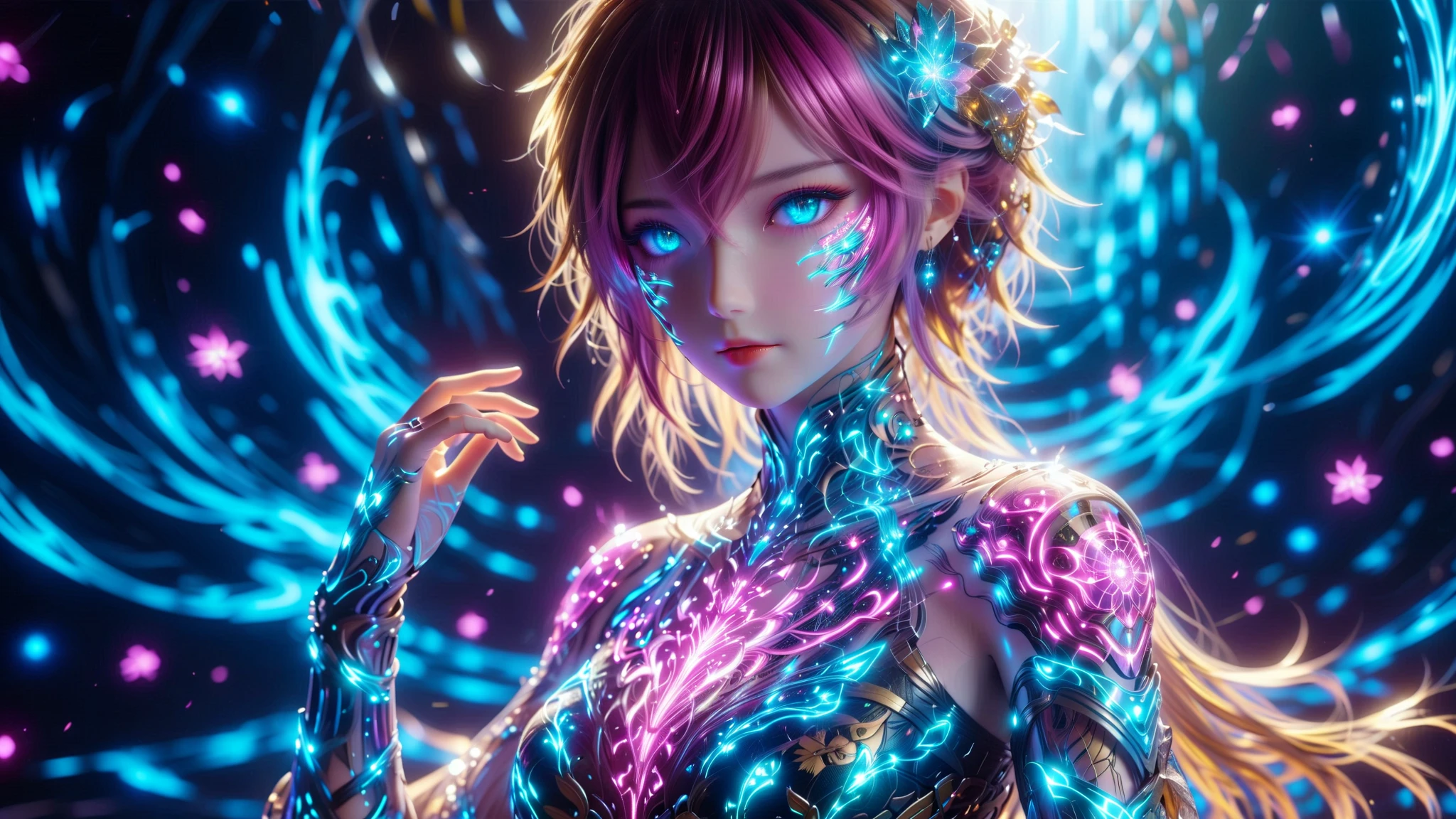 A Masterpiece In 32K Resolution, Supreme Quality, Super Detail, Official Art, Very High-Resolution 32K Wallpaper, Beautiful And Aesthetic, Ultra-Detailed Features, Awe-Inspiring Detail. A Stunning Anime Magical Girl In The Midst Of A Transformation Sequence, With Futuristic Tech-Based Armor Forming Around Her. The Scene Features Vibrant Glow Effects In Pink, Gold, And Teal, Floating Digital Particles Surrounding Her, And A Futuristic Laboratory Background With Holographic Screens.