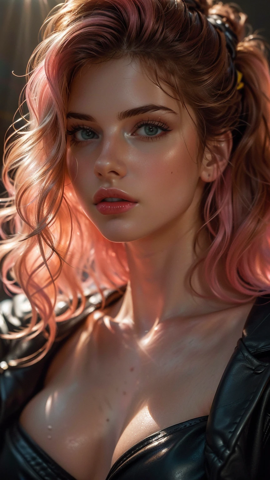 (((ultra realistic))) Photo, masterpiece, top quality, (pale skin), (Ultra detailed face and eyes:1.3), 1 girl, Adult, In Lifchik, ((Eye makeup, pink mascara)), ((large detailed lips)), ((pink wavy hair)), ((Stylish hairstyle)) , (Natural breasts), Slim waist. ((Posing, Hand on face)), photoshoot, Studio soft lighting, (The play of light and shadows), depth of field, bokeh, (special attention to skin detail: 1.2), Detailed leather texture, skin pores. (Warm atmosphere of the frame. color scheme - black, Yellow, Tons), ((Grunge style)) , UDR, ((Film grain)), ((rays)), (Glare), ((waist up portrait, close to the camera)) , ultra detialed,