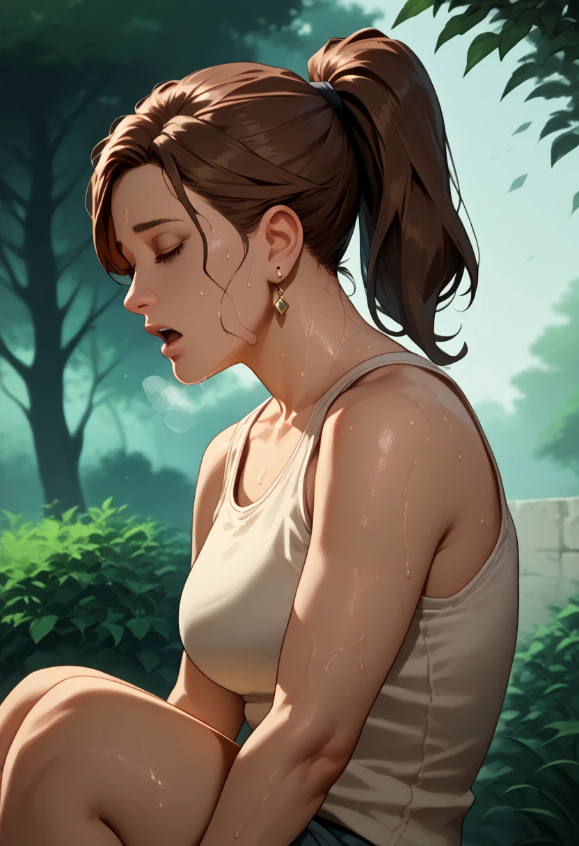 ((highest quality)), ((masterpiece)), (be familiar with), Perfect Face, (High definition), (Best Shadow), 8K, Cinematic, (Realistic:1.4),dramatic, ((A woman in a grave)), ((Covered in mud:1.1)), (Red hair), ((extra short hair)), (Eyes closed), (Keep your face close to the camera:1.2), (Kiss the camera), (Kissing Face:1.1), (Pure white skin:1.1), Voluptuous body, (Large Breasts:1.1), Narrow waist, Big Ass, Alluring, Drenched white tank top, barefoot, Rain on the skin, Boneyard, Boneyard, (heavy rain:1.4), Heavy rain in the middle of the night, (steam:1.4), Bust Shot, (Close-up of face:1.4), Top-down view