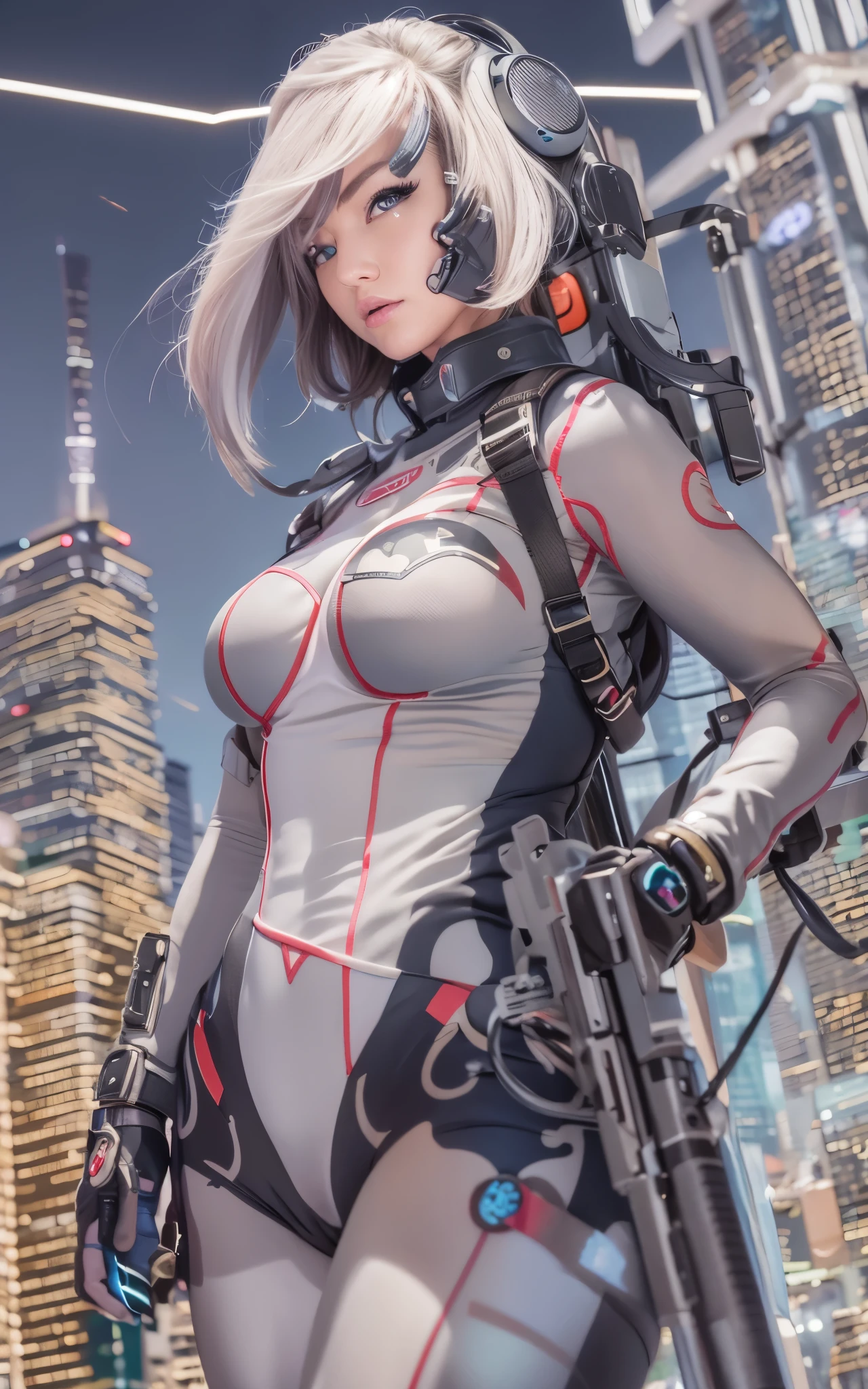((Best Quality)), ((masutepiece)), (Detailed: 1.4), (Absurd), Caucasian female fighter pilot ready for war, front walking, muscular sculptural body defined, Closed mouth, muscular body covered by technological clothing, Cyberpunk, ((perfect large breasts)), (blue eyes without pupils), long manga-style eyelashes, close to real, Crazy face, Sexy Pose, Centered, scale to fit the dimensions, nffsw (High dynamic range),Ray tracing,Hyper-Resolution,Unreal 5,Subsurface Dispersion, PBR Texture, Post-processing, Anisotropy Filtering, depth of fields, Maximum clarity and sharpness, Multilayer textures, Surface Shading, accurate simulation of light and material interactions, Perfect proportions, thirds rule, top-quality, in 8K, ultra-detailliert, Being on the roof of a skyscraper, Smooth bodysuit, spiffy white zero suit