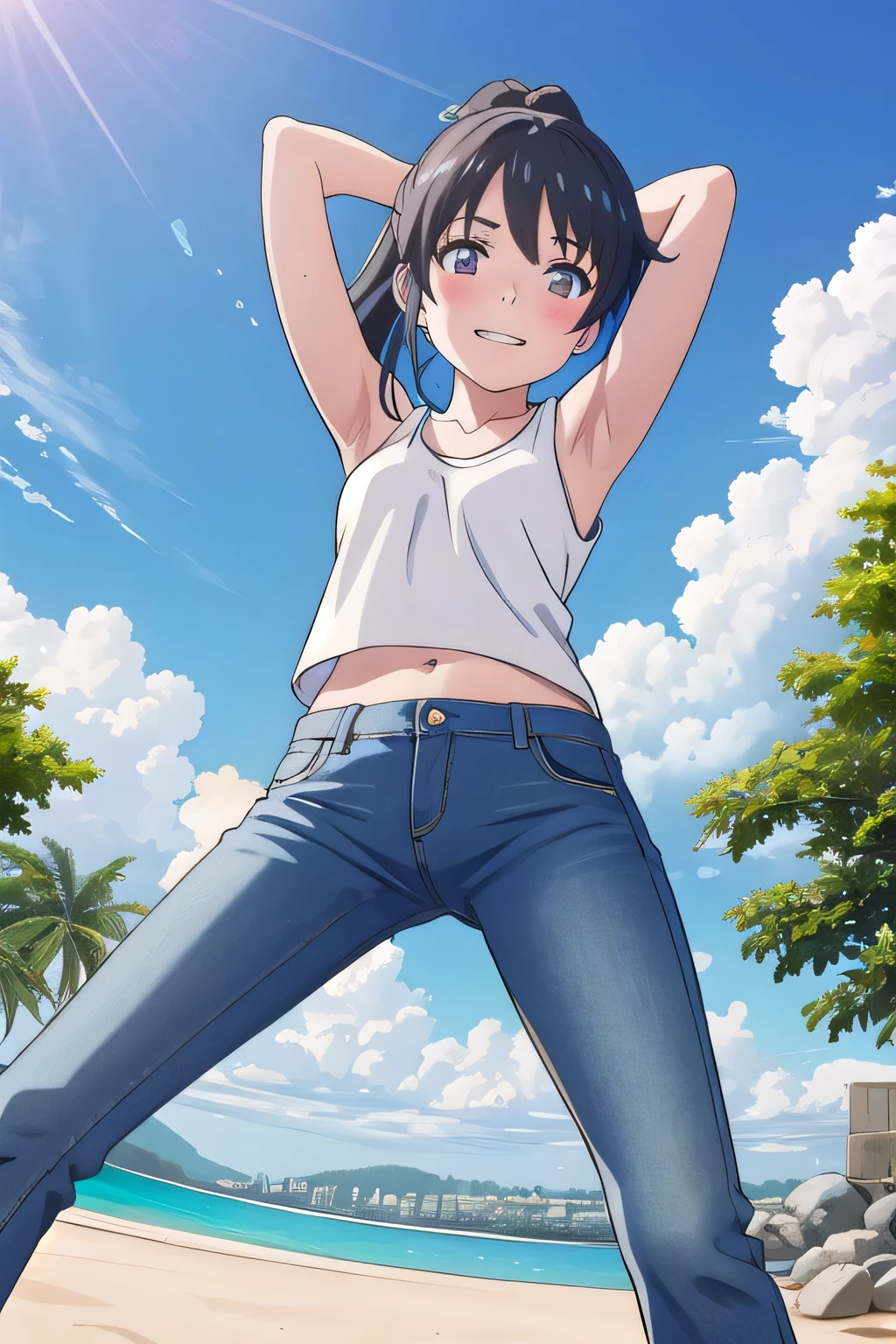 masterpiece, best quality, Ultra Detailed ,1 woman, , small, ((round face, ecstasy, orgasm face, droopy eyes, Smiling shyly, Blusher)),  Eyes Closed , Sleepy, background((Under the beach, (afternoon:1.2), 모래 Under the beach, bright sky)),  Shinkai Makoto , You are here.,  Miyamizu ,  long ponytail hair ,  hands behind your head, Contraposto,  spread arms,  is looking at visitors.,,   white tank top,  white crop top,  jeans,  blue pants , (flares  jeans 1:1), blue  jeans, sex poses, ( spreads her legs:3:1), orgasm,   sweety crotch  ,  steam coming out of the groin, Below