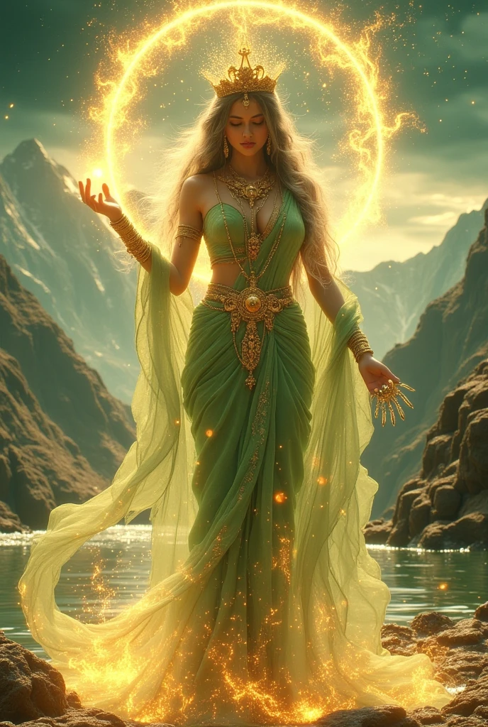 Create an intricate and super realistic surreal illustration of Goddess Tara, the protector and compassionate deity in Hindu and Buddhist traditions. She is depicted as a graceful and serene figure, radiating divine wisdom and strength. Her skin glows with a soft, golden hue, symbolizing her compassionate nature and her role as a savior. She wears a traditional Hindu saree in shades of green and gold, properly draped in the cultural style, with the fabric flowing elegantly over her body and around her shoulder. The saree is adorned with intricate floral patterns, symbolizing fertility, healing, and growth. Tara’s jewelry is simple yet radiant, with a crown, earrings, necklace, and armlets, each gleaming with a celestial light. In one hand, she holds a lotus flower, representing purity and enlightenment, while the other hand is raised in a gesture of protection and blessing. Her eyes are peaceful yet powerful, exuding deep compassion and wisdom. The background is filled with ethereal light, with a calm landscape of serene mountains and clear waters, representing Tara’s role as a guiding force in turbulent times. The scene should evoke an atmosphere of peace, compassion, and divine protection, with Goddess Tara’s energy enveloping the surroundings in a protective, healing aura.