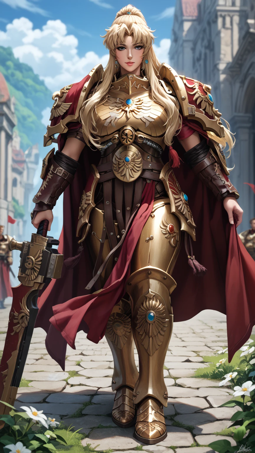 slimes_balalaika ,scar ,blonde hair, Female Adeptus custodes, adeptus custodes, golden armor, wh40k, red cape, winged armor, gold armor, large and strong build, stepping on a guy, femdom