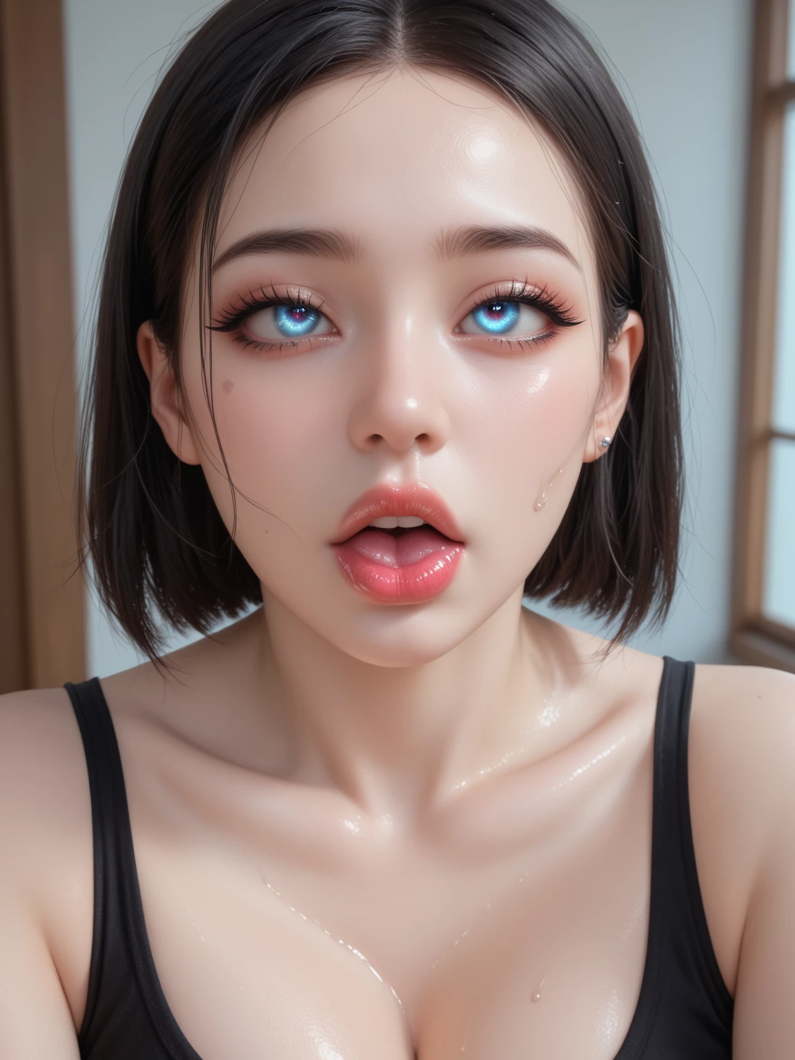 masterpiece, best quality, high resolution)))), (1girl:1.5), (large breasts: 1.2), cleavage, black hair, bob cut, blue eyes, blushing, light smile, parted lips, glow, thighs, bare shoulders, collarbone, narrow waist, wide hips, (beautiful detailed face, beautiful detailed eyes), long slender thighs, perfect eyes, sultry_pose, cowboy shot, (perfect fingers), naked, (nsfw:1.5)