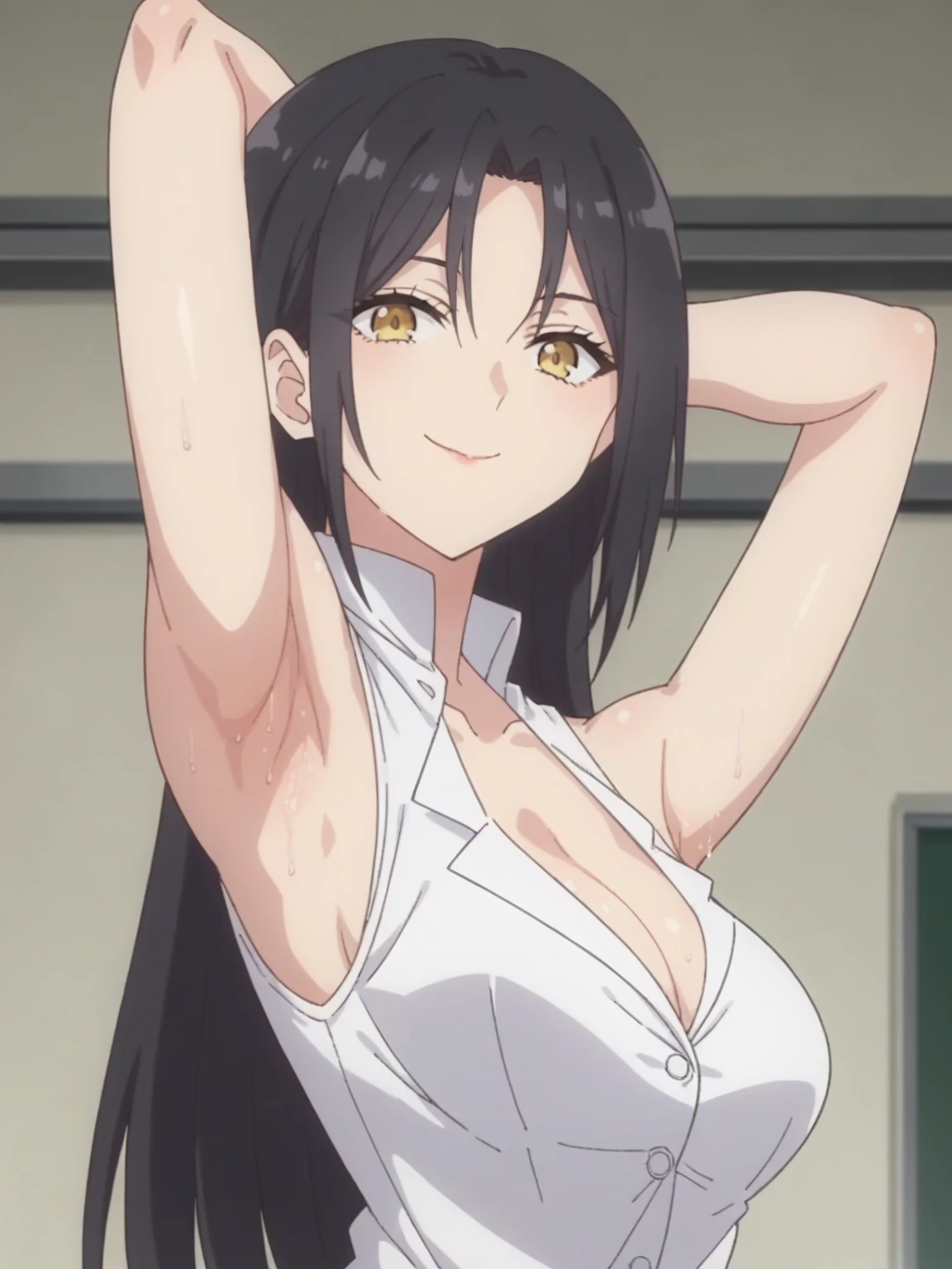 score_9, score_8_up, score_7_up, source_anime, anime screencap, 1girl, solo, mayuri hanyuu, long hair, yellow eyes, black hair, parted bangs, bare shoulders, bare arms, arm behind head, armpit, looking at viewer, head towards viewer, smile, badhandv4, indoors, closed mouth, white shirt, ,lab coat, sleeveless, cleavage,from side, from below, sweaty armpits